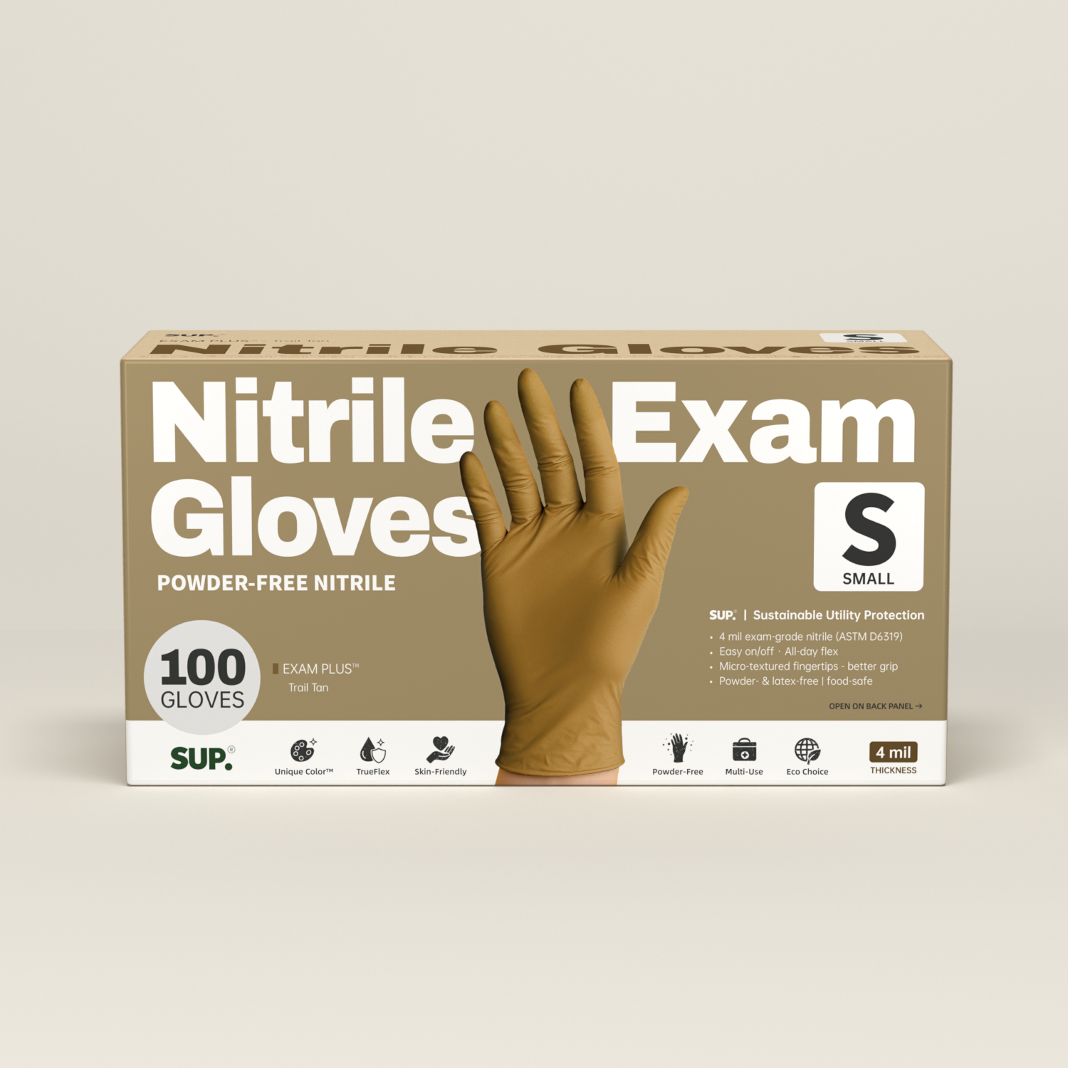 SUP Powder-Free Nitrile Gloves, 100 Count, Food Safe Latex-Free Medical Non-Sterile Cooking Disposable Glove, Tan