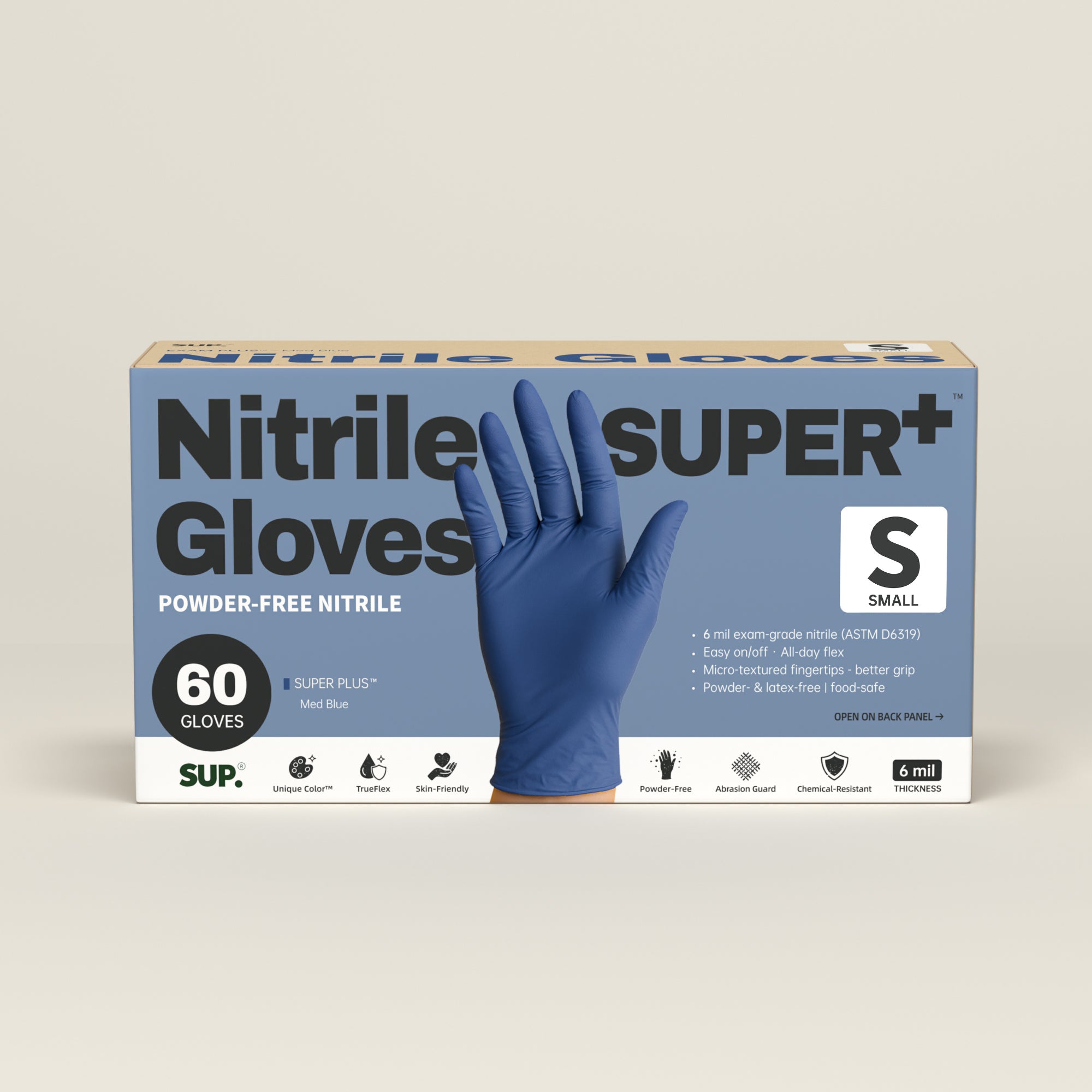 SUPER+ Nitrile Gloves HEAVY DUTY 6 Mil Disposable Powder & Latex Free Medical For Multi-use Household Home Cleaning Cooking Gardening 60 Ct Med Blue