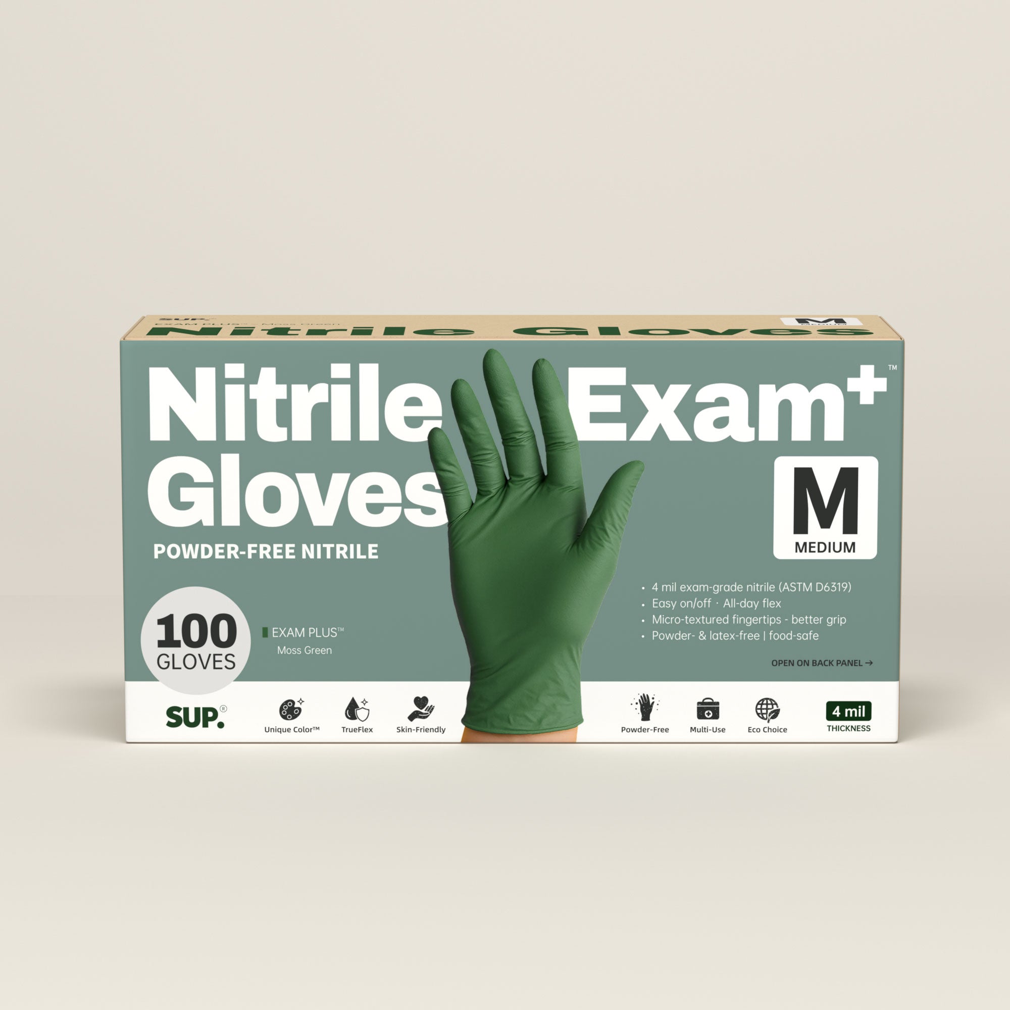 SUP Nitrile Gloves, 100 Count, Powder & Latex Free Medical Non-Sterile Disposable Glove, Green