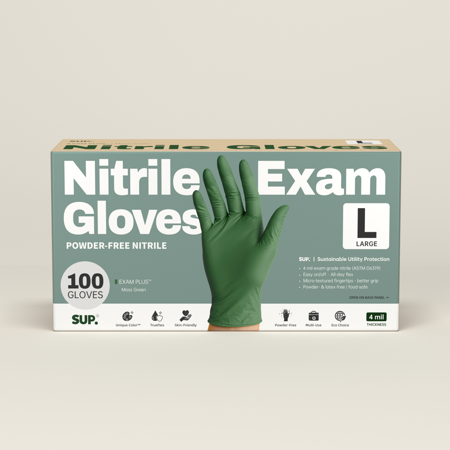 SUP Powder-Free Nitrile Gloves, 100 Count, Food Safe Latex-Free Medical Non-Sterile Cooking Disposable Glove, Green