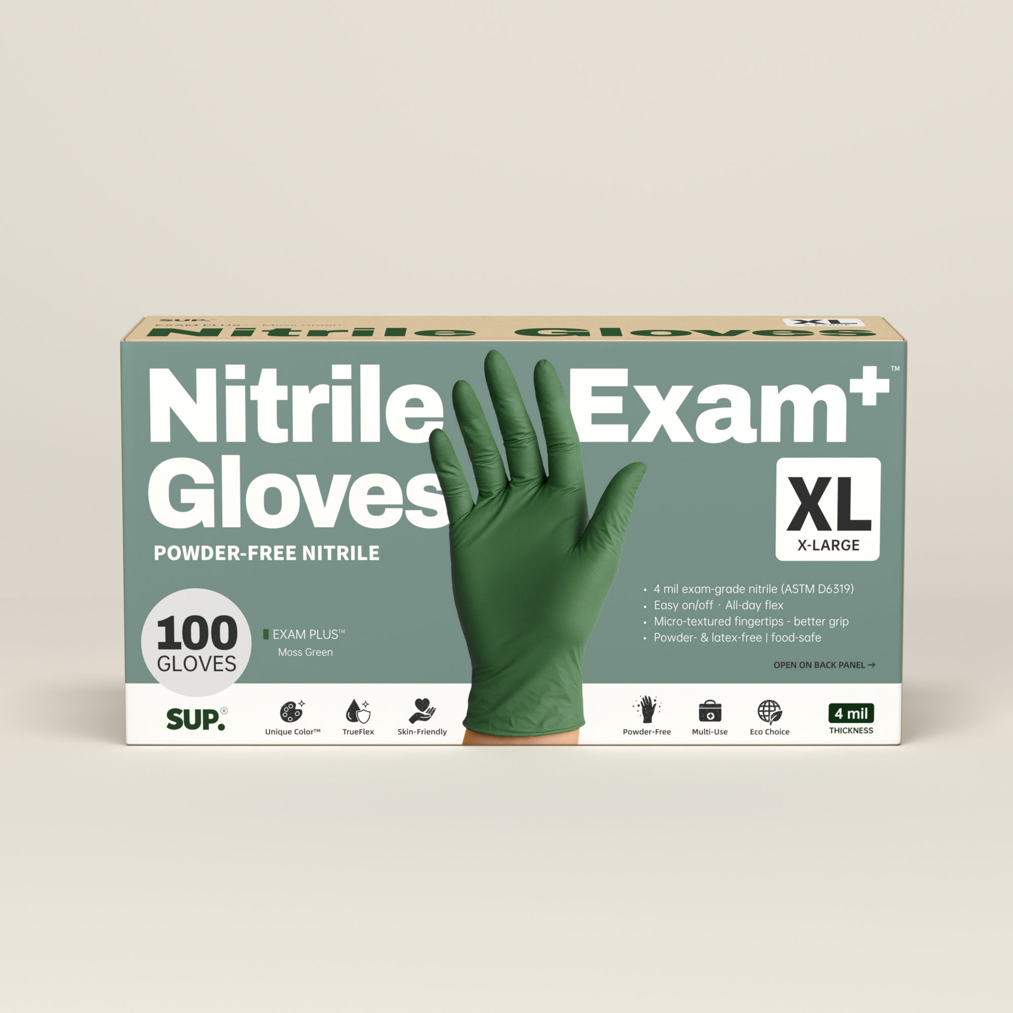 SUP Nitrile Gloves, 100 Count, Powder & Latex Free Medical Non-Sterile Disposable Glove, Green