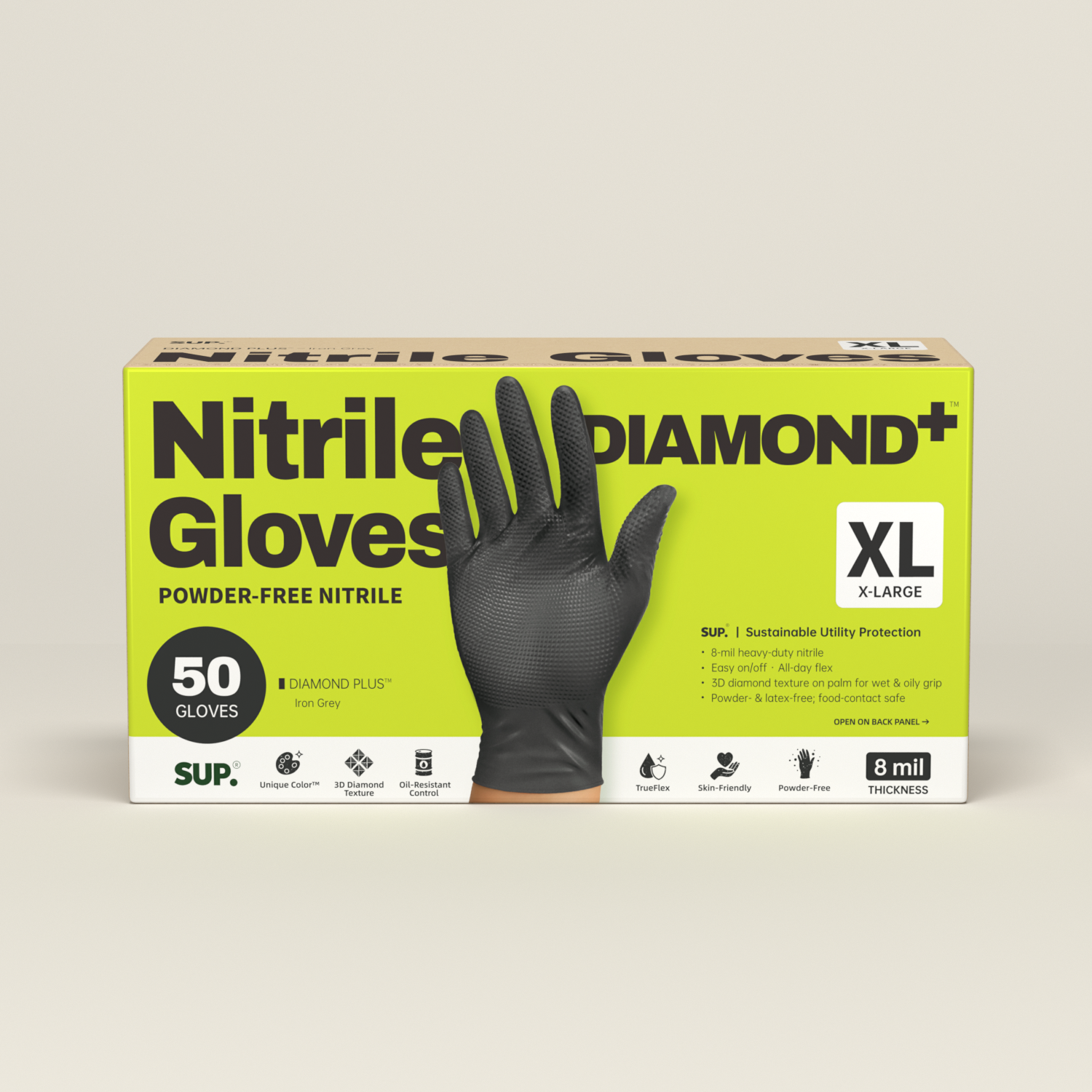 SUPER+ HEAVY DUTY Nitrile Gloves 8 Mil Diamond Texture Disposable Chemical Resistant Powder &Latex Free Food Safe Black 50 Ct