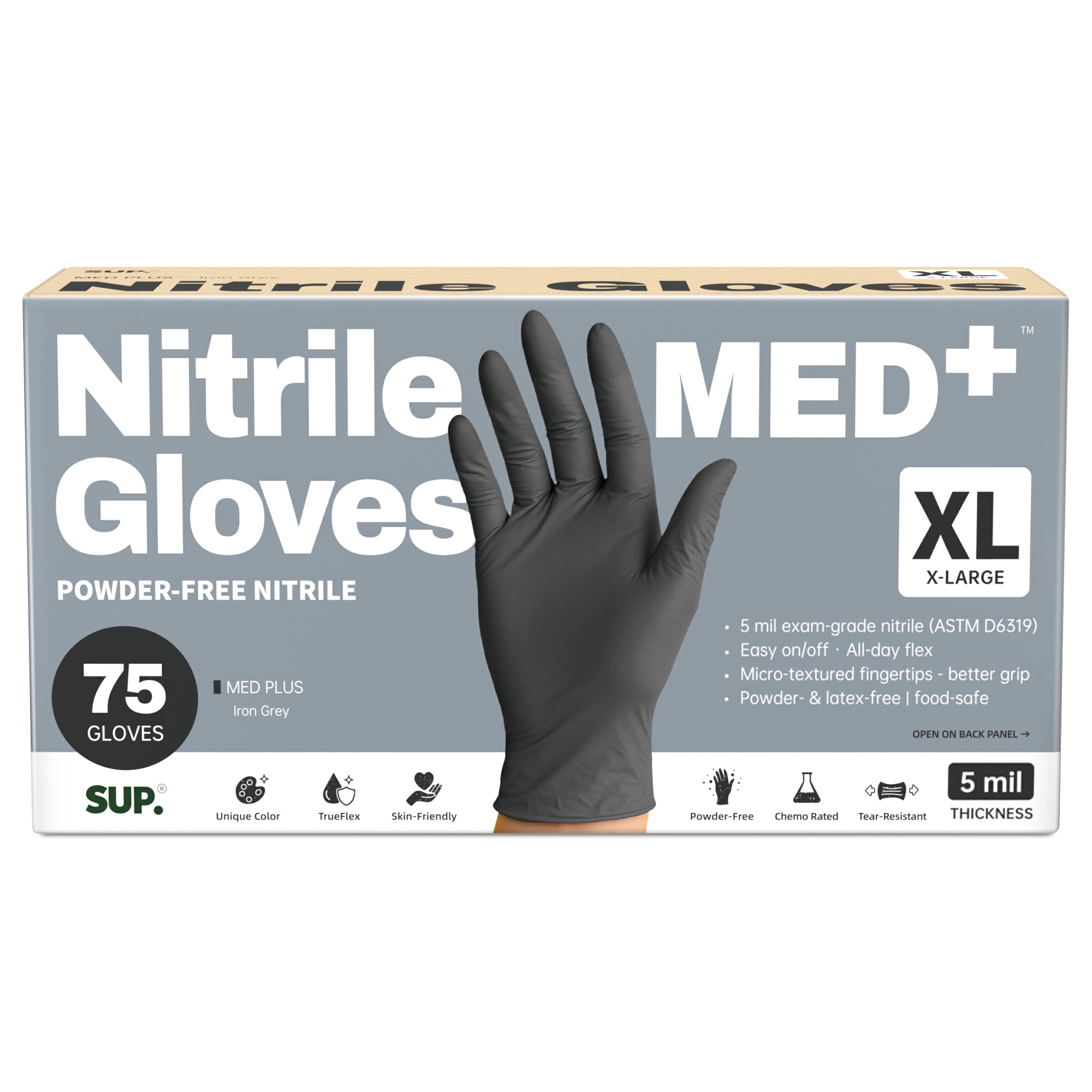 SUP MED+ Black Nitrile Gloves, 5 MIL Extra Durable Medical Disposable Gloves Latex & Powder Free Food Safe Cooking 75 Ct
