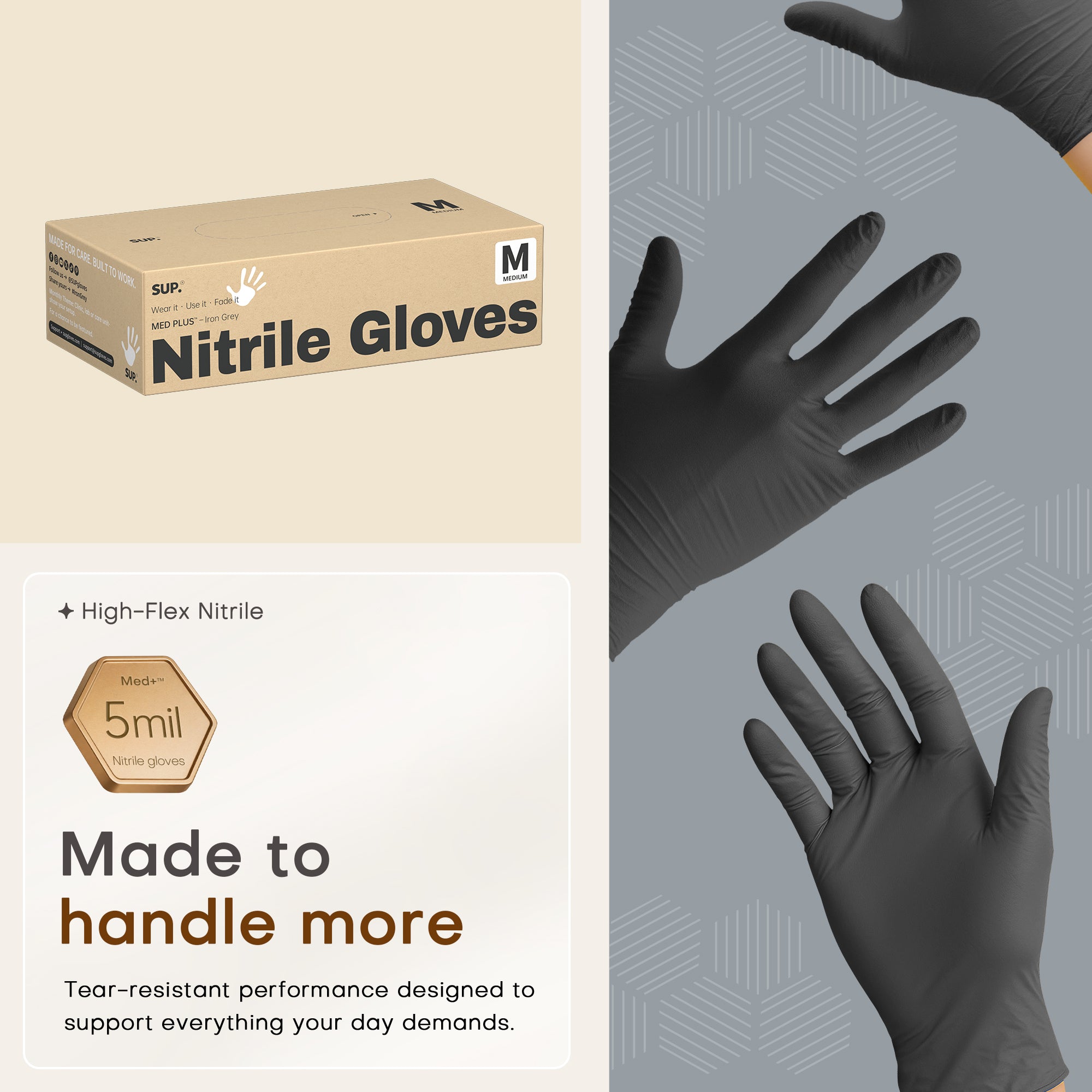 SUP MED+ Black Nitrile Gloves, 5 MIL Extra Durable Medical Disposable Gloves Latex & Powder Free Food Safe Cooking 75 Ct