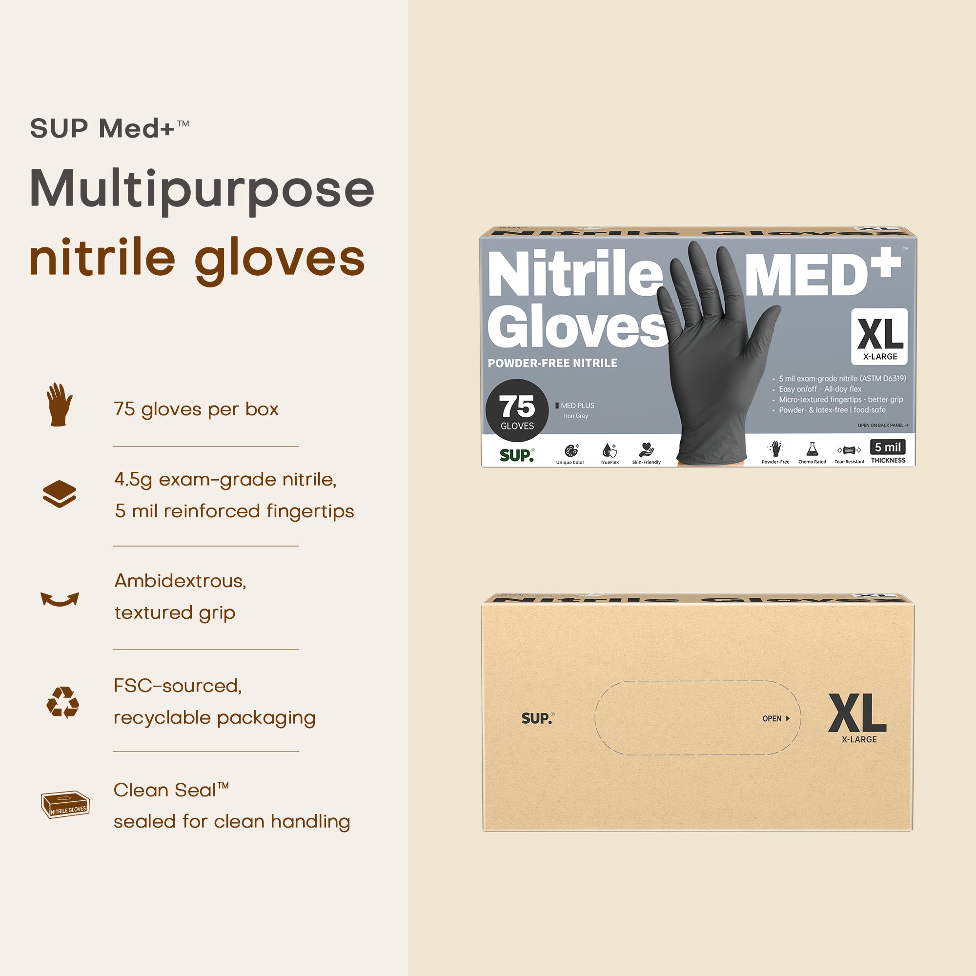 SUP MED+ Black Nitrile Gloves, 5 MIL Extra Durable Medical Disposable Gloves Latex & Powder Free Food Safe Cooking 75 Ct