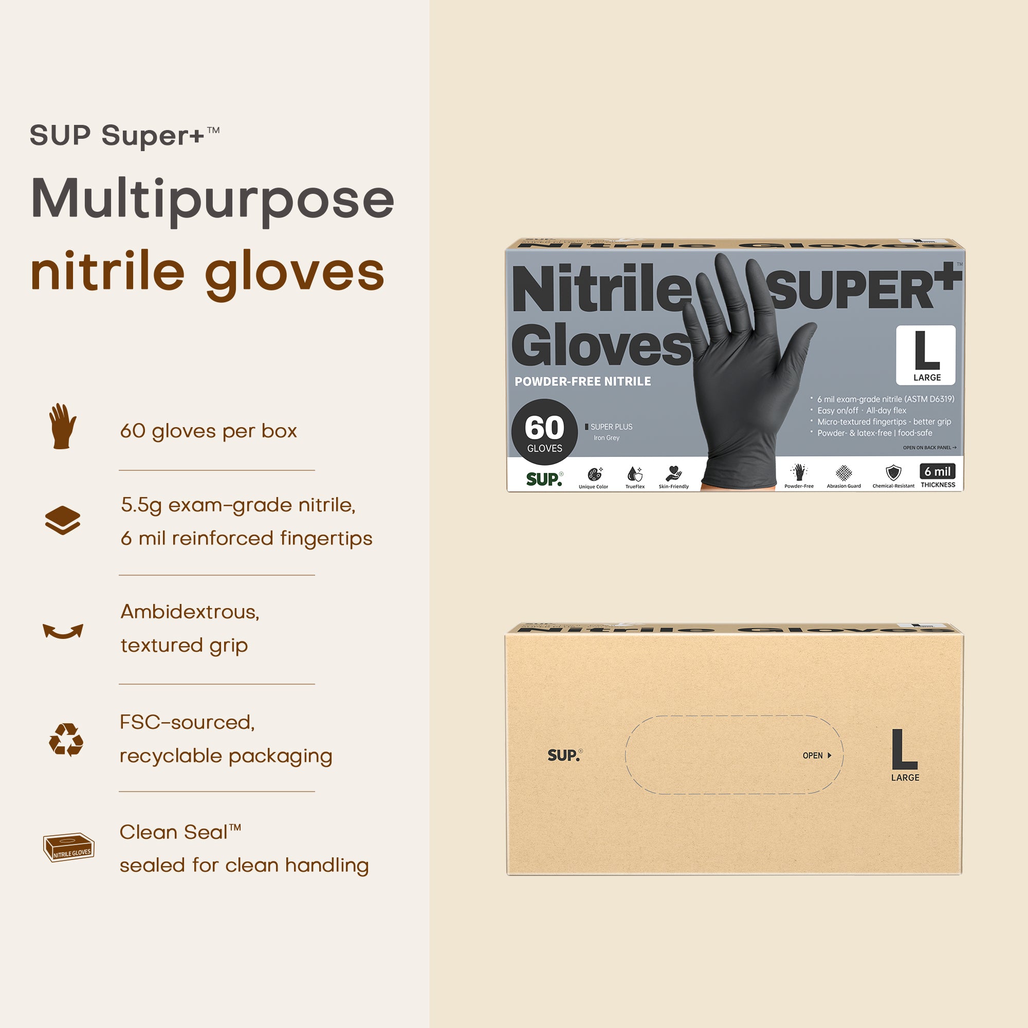SUPER+ Black Nitrile Gloves HEAVY DUTY 6 Mil Disposable Chemical Resistant Powder & Latex Free Medical Cooking Cleaning 60 Ct