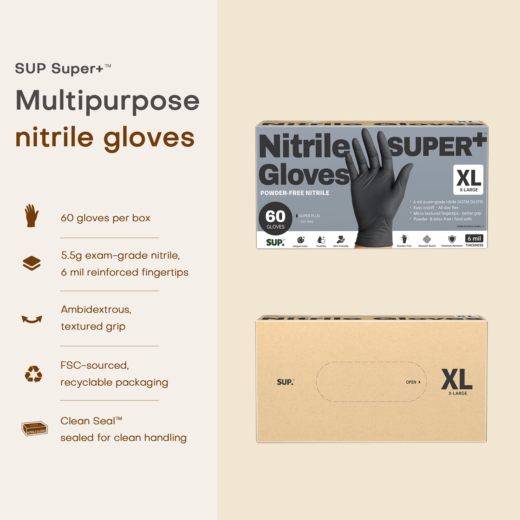 SUPER+ Black Nitrile Gloves HEAVY DUTY 6 Mil Disposable Chemical Resistant Powder & Latex Free Medical Cooking Cleaning 60 Ct