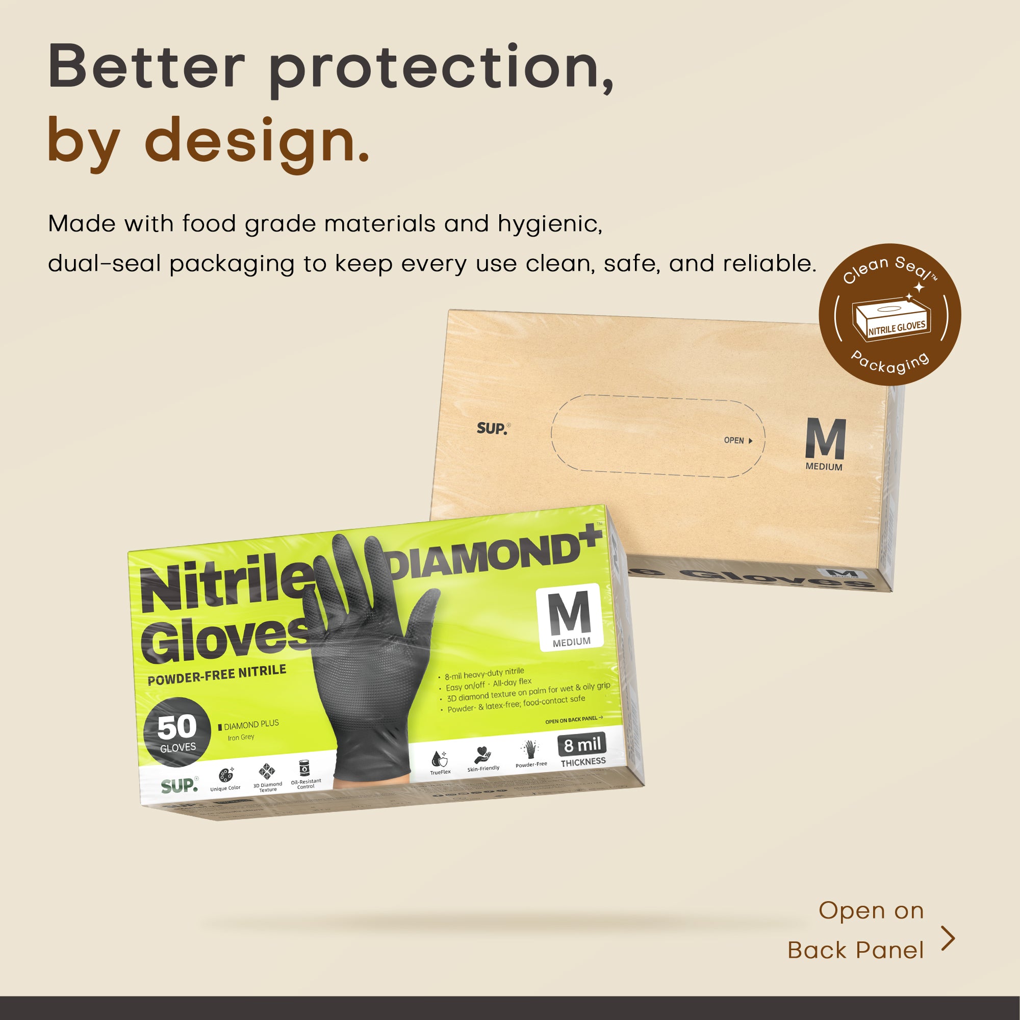 SUPER+ HEAVY DUTY Nitrile Gloves 8 Mil Diamond Texture Disposable Chemical Resistant Powder &Latex Free Food Safe Black 50 Ct