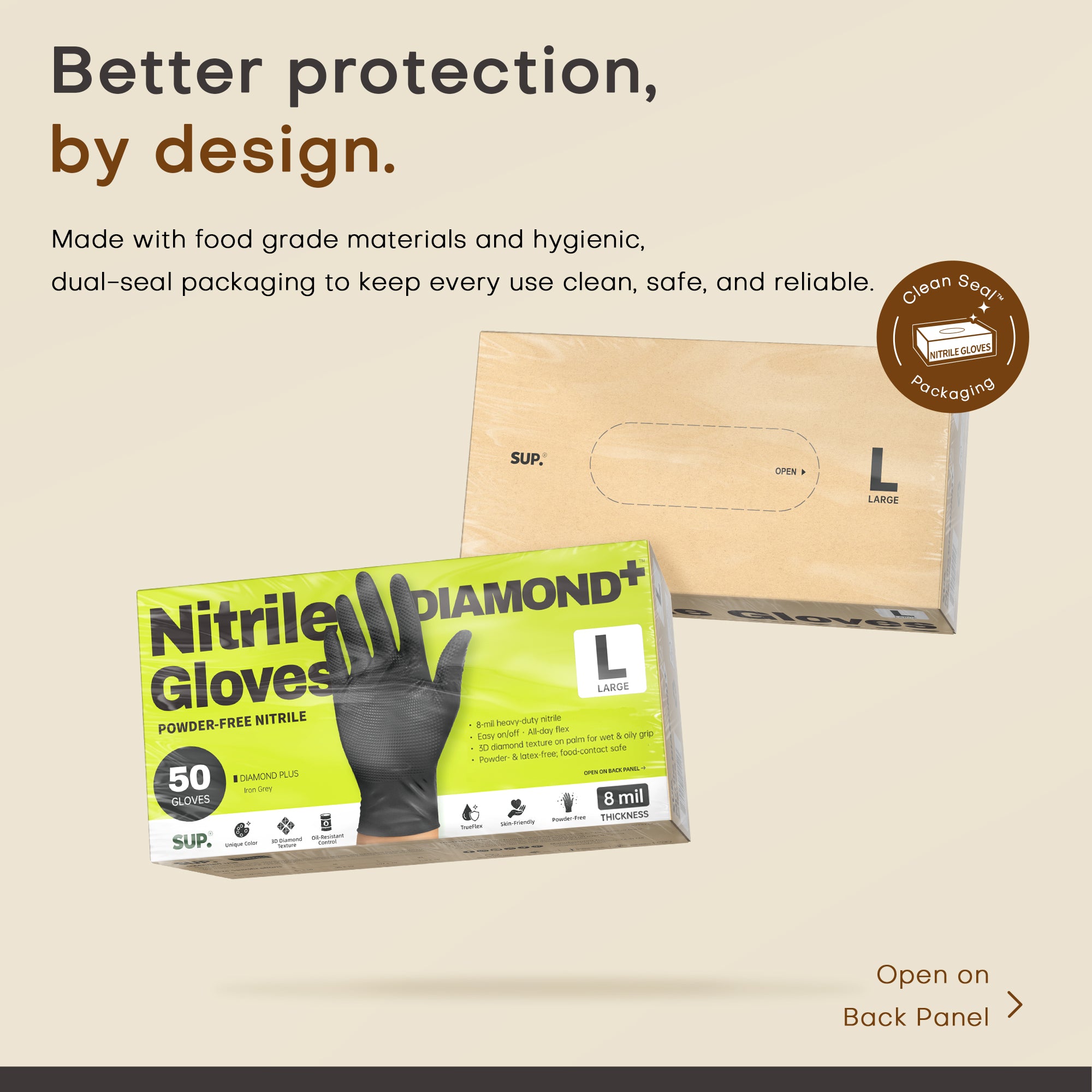 SUPER+ HEAVY DUTY Nitrile Gloves 8 Mil Diamond Texture Disposable Chemical Resistant Powder &Latex Free Food Safe Black 50 Ct