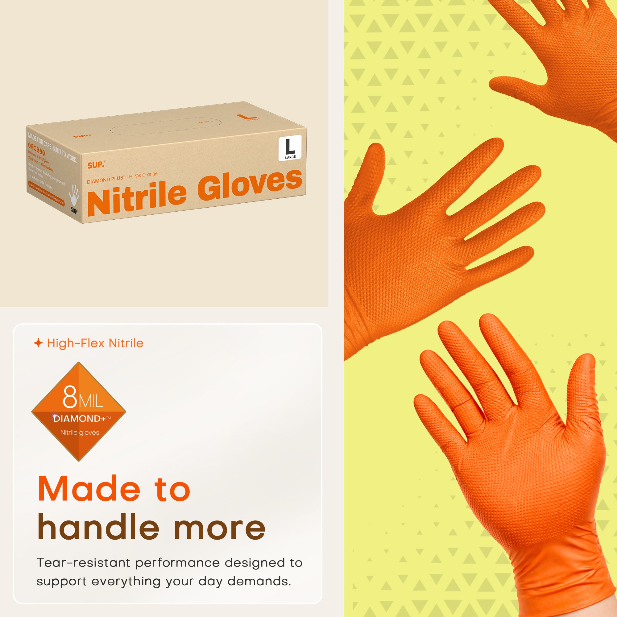SUPER+ HEAVY DUTY Nitrile Gloves 8 Mil Diamond Texture Disposable Chemical Resistant Powder &Latex Free Food Safe Orange 50Ct