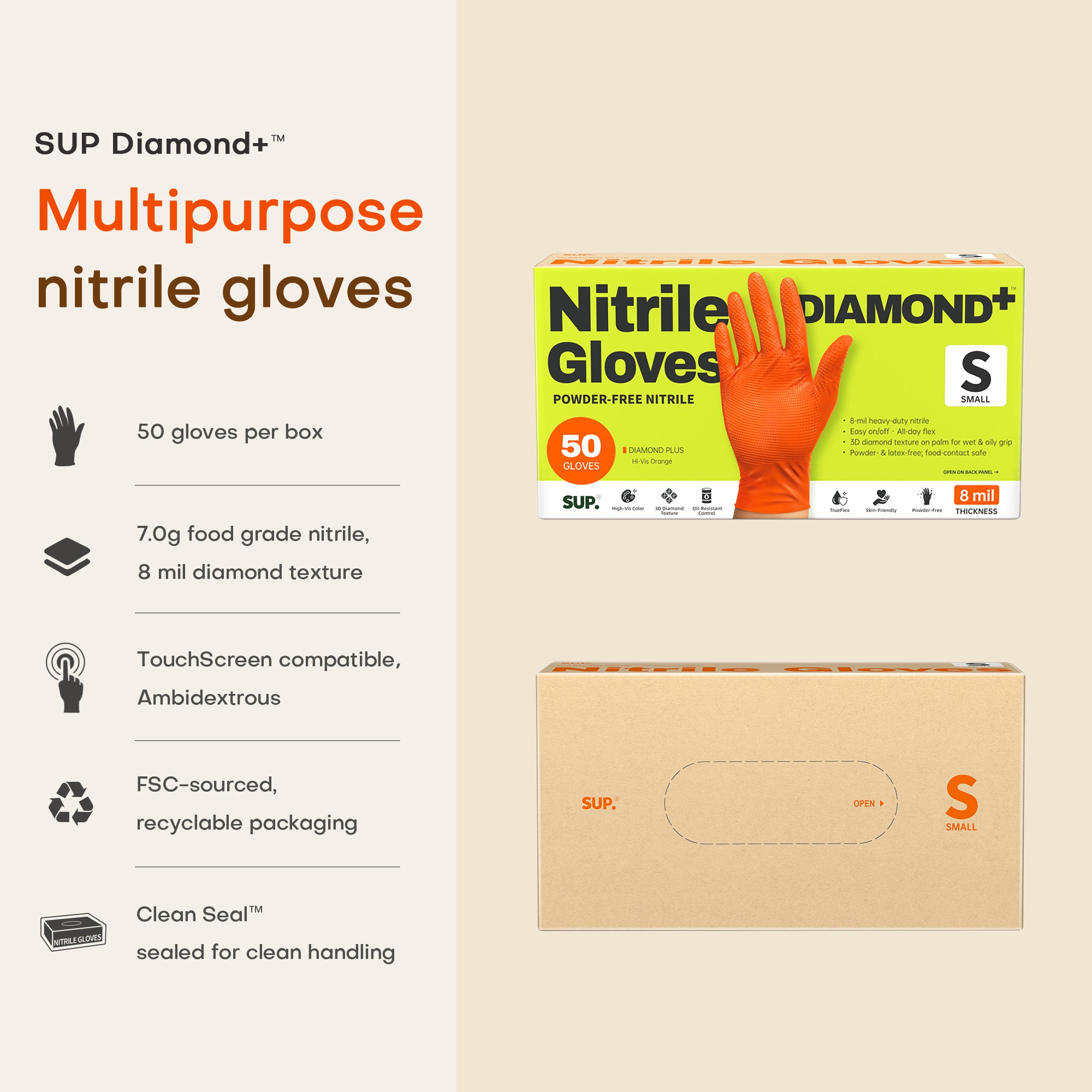 SUPER+ HEAVY DUTY Nitrile Gloves 8 Mil Diamond Texture Disposable Chemical Resistant Powder &Latex Free Food Safe Orange 50Ct
