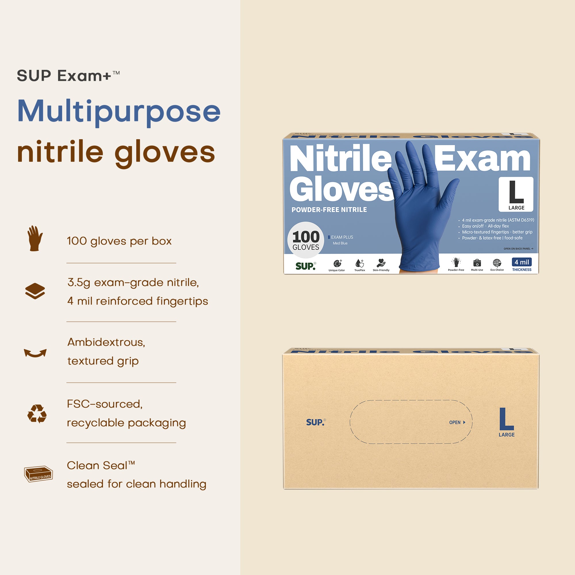 SUP Powder-Free Nitrile Gloves, 100 Count, Food Safe Latex-Free Medical Non-Sterile Cooking Disposable Glove, Blue