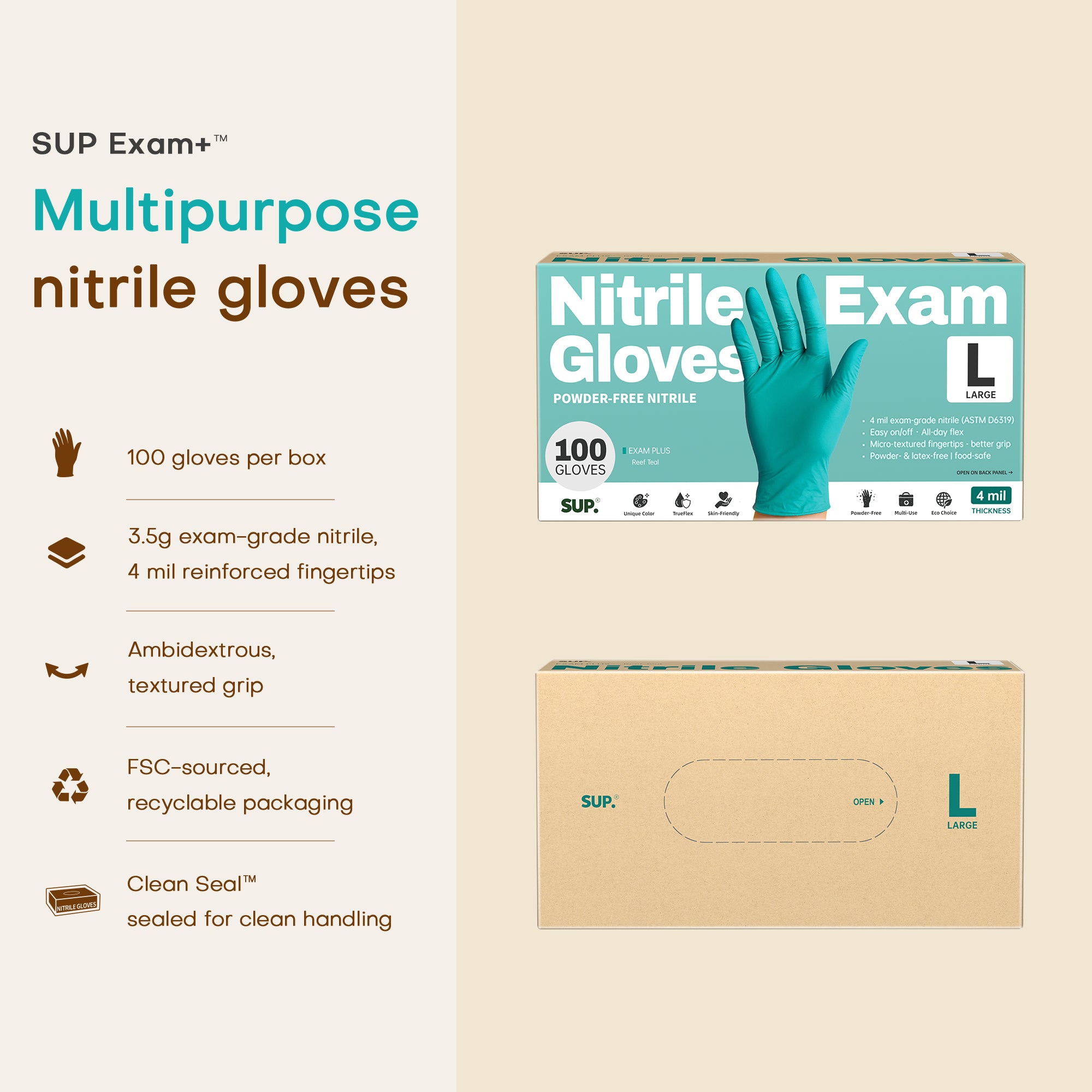 SUP Powder-Free Nitrile Gloves, 100 Count, Food Safe Latex-Free Medical Non-Sterile Cooking Disposable Glove, Teal