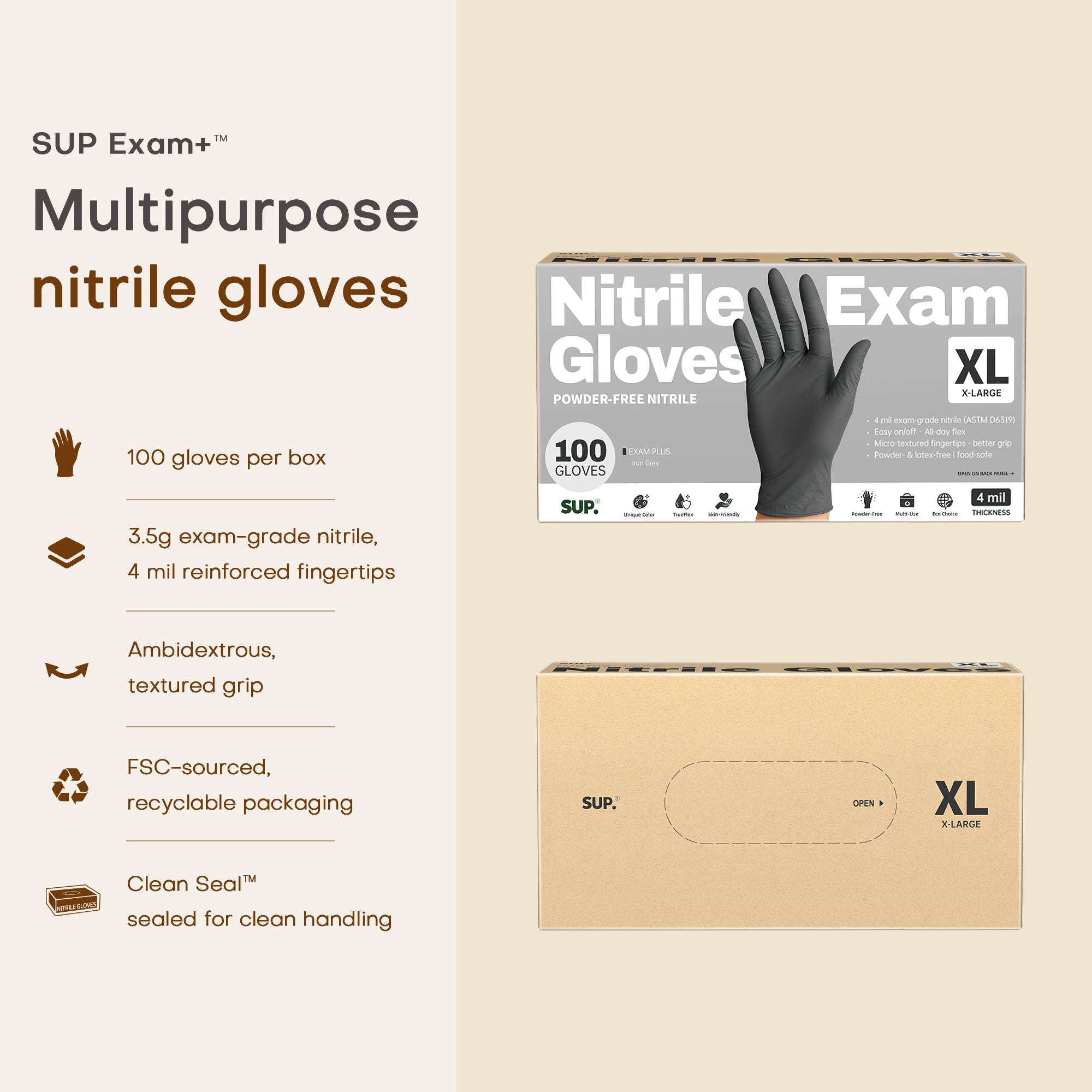 SUP Powder-Free Nitrile Gloves, 100 Count, Food Safe Latex-Free Medical Non-Sterile Cooking Disposable Glove, Black