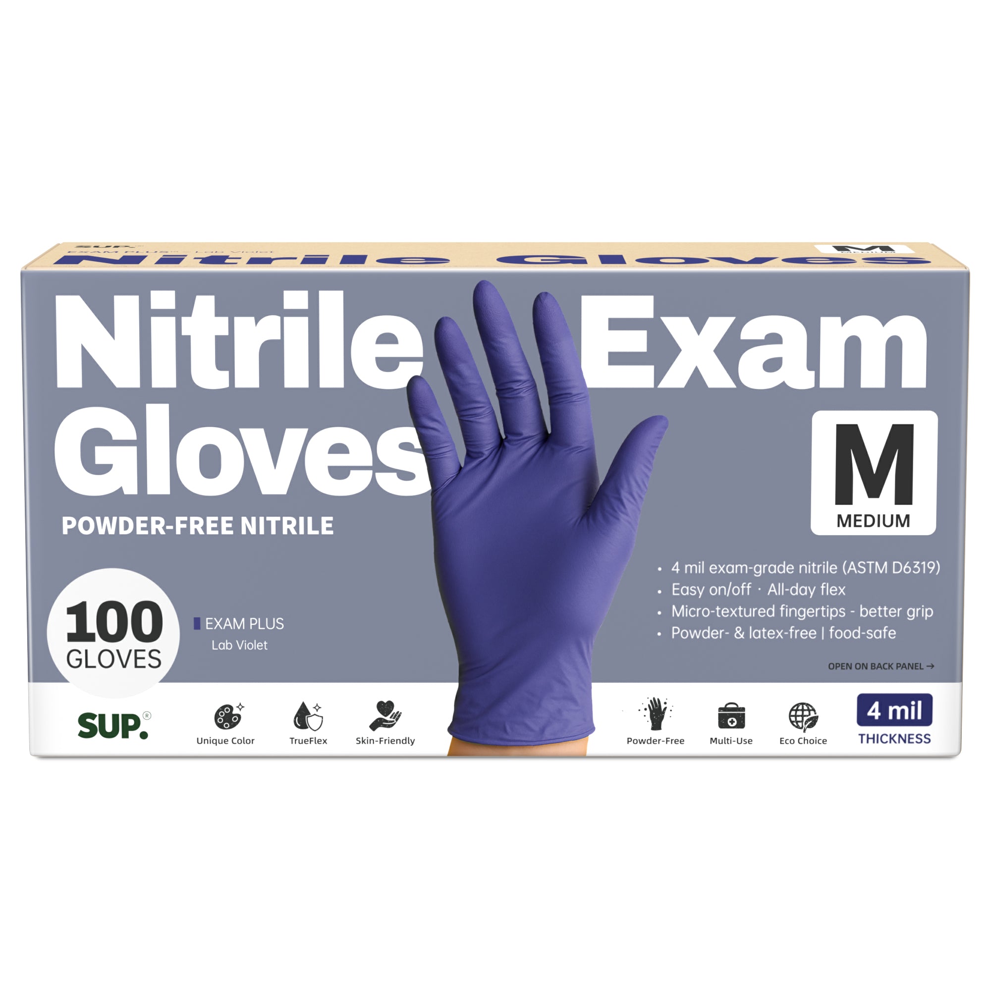 SUP Powder-Free Nitrile Gloves, 100 Count, Food Safe Latex-Free Medical Non-Sterile Cooking Disposable Glove, Blue Violet