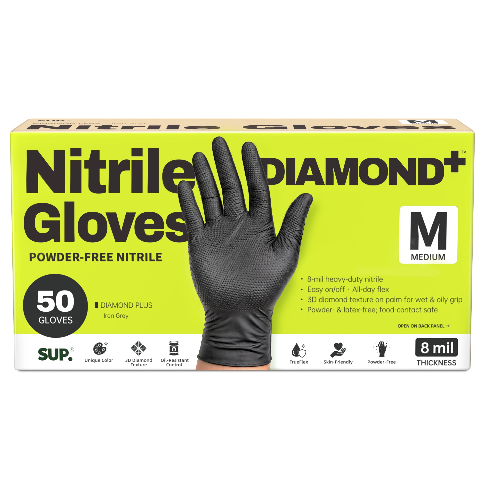 SUPER+ HEAVY DUTY Nitrile Gloves 8 Mil Diamond Texture Disposable Chemical Resistant Powder &amp;Latex Free Food Safe Black 50 Ct