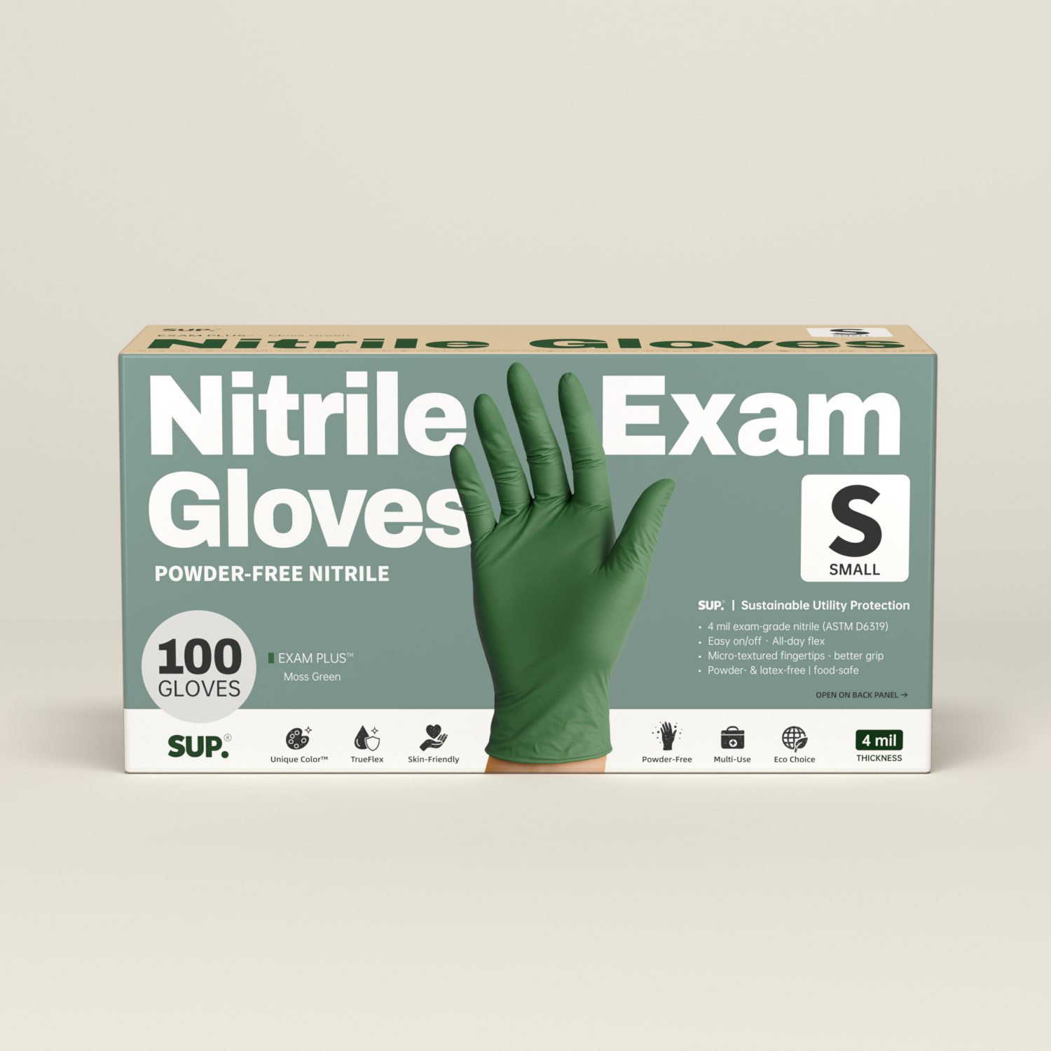 SUP Powder-Free Nitrile Gloves, 100 Count, Food Safe Latex-Free Medical Non-Sterile Cooking Disposable Glove, Green