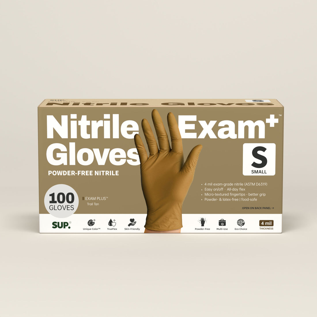 SUP Nitrile Gloves, 100 Count, Powder &amp; Latex Free Medical Non-Sterile Disposable Glove, Tan