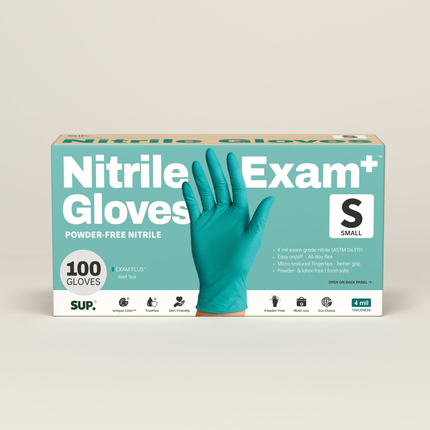 SUP Nitrile Gloves, 100 Count, Powder &amp; Latex Free Medical Non-Sterile Disposable Glove, Teal