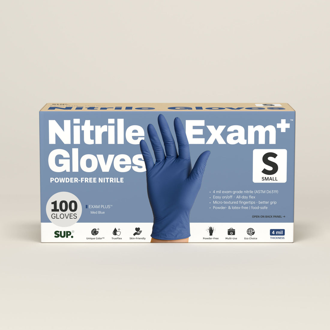 SUP Nitrile Gloves, 100 Count, Powder &amp; Latex Free Medical Non-Sterile Disposable Glove, Blue