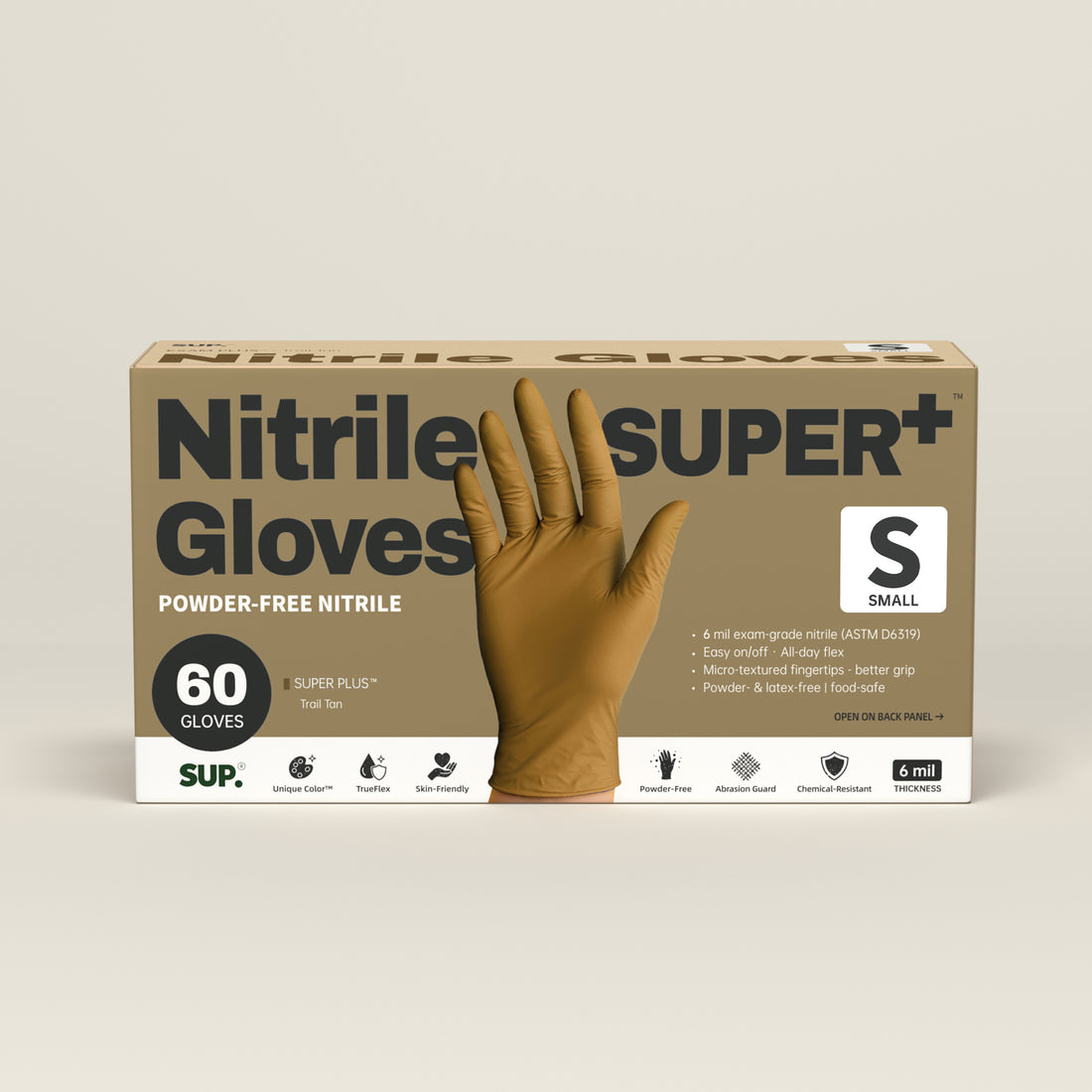 SUPER+ Nitrile Gloves HEAVY DUTY 6 Mil Disposable Powder &amp; Latex Free Medical For Multi-use Household Home Cleaning Cooking Gardening 60 Ct Tan