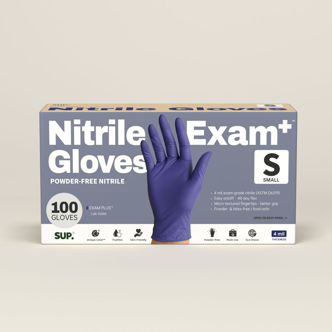 SUP Nitrile Gloves, 100 Count, Powder &amp; Latex Free Medical Non-Sterile Disposable Glove, Blue Violet