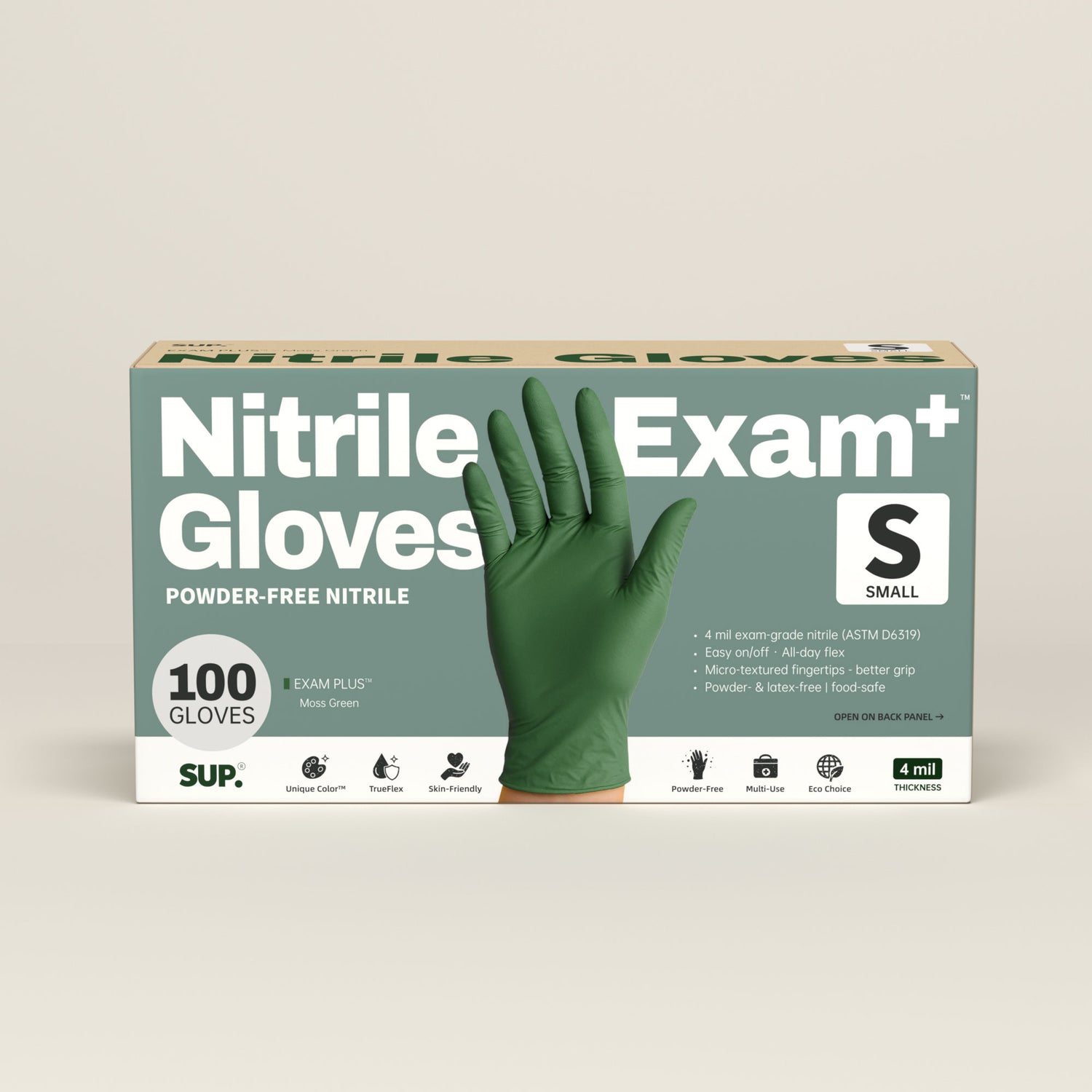 SUP Nitrile Gloves, 100 Count, Powder &amp; Latex Free Medical Non-Sterile Disposable Glove, Green