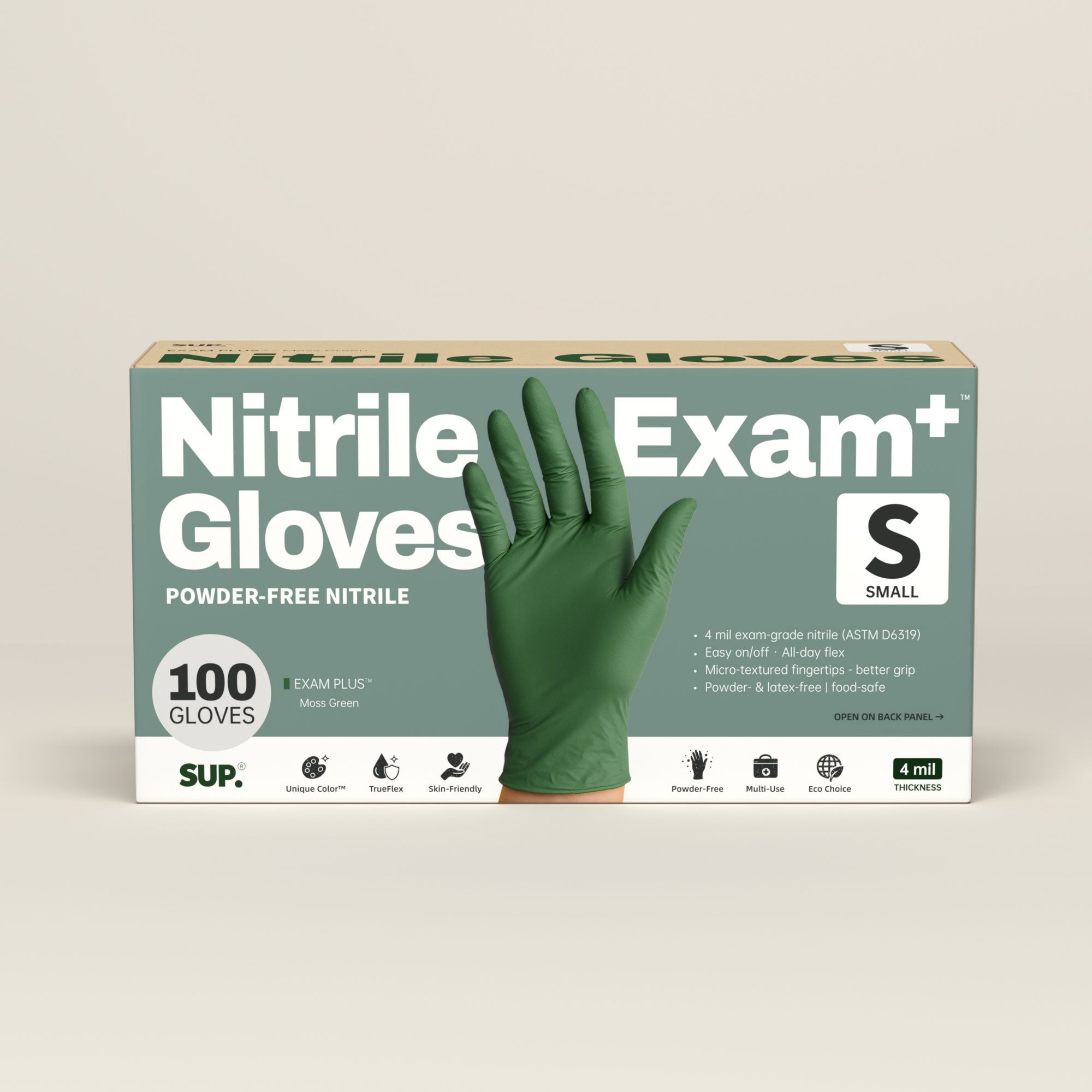 SUP Nitrile Gloves, 100 Count, Powder &amp; Latex Free Medical Non-Sterile Disposable Glove, Green