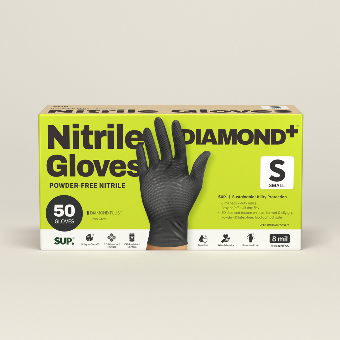 SUPER+ HEAVY DUTY Nitrile Gloves 8 Mil Diamond Texture Disposable Chemical Resistant Powder &amp;Latex Free Food Safe Black 50 Ct
