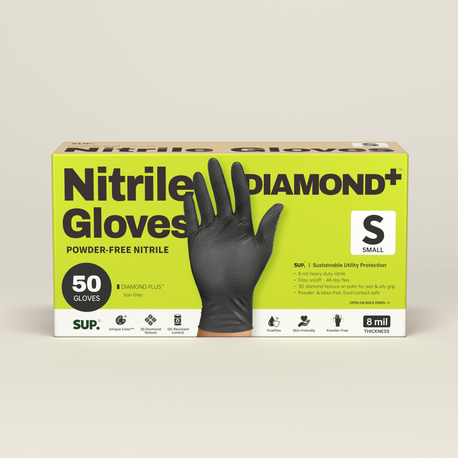SUPER+ HEAVY DUTY Nitrile Gloves 8 Mil Diamond Texture Disposable Chemical Resistant Powder &amp;Latex Free Food Safe Black 50 Ct