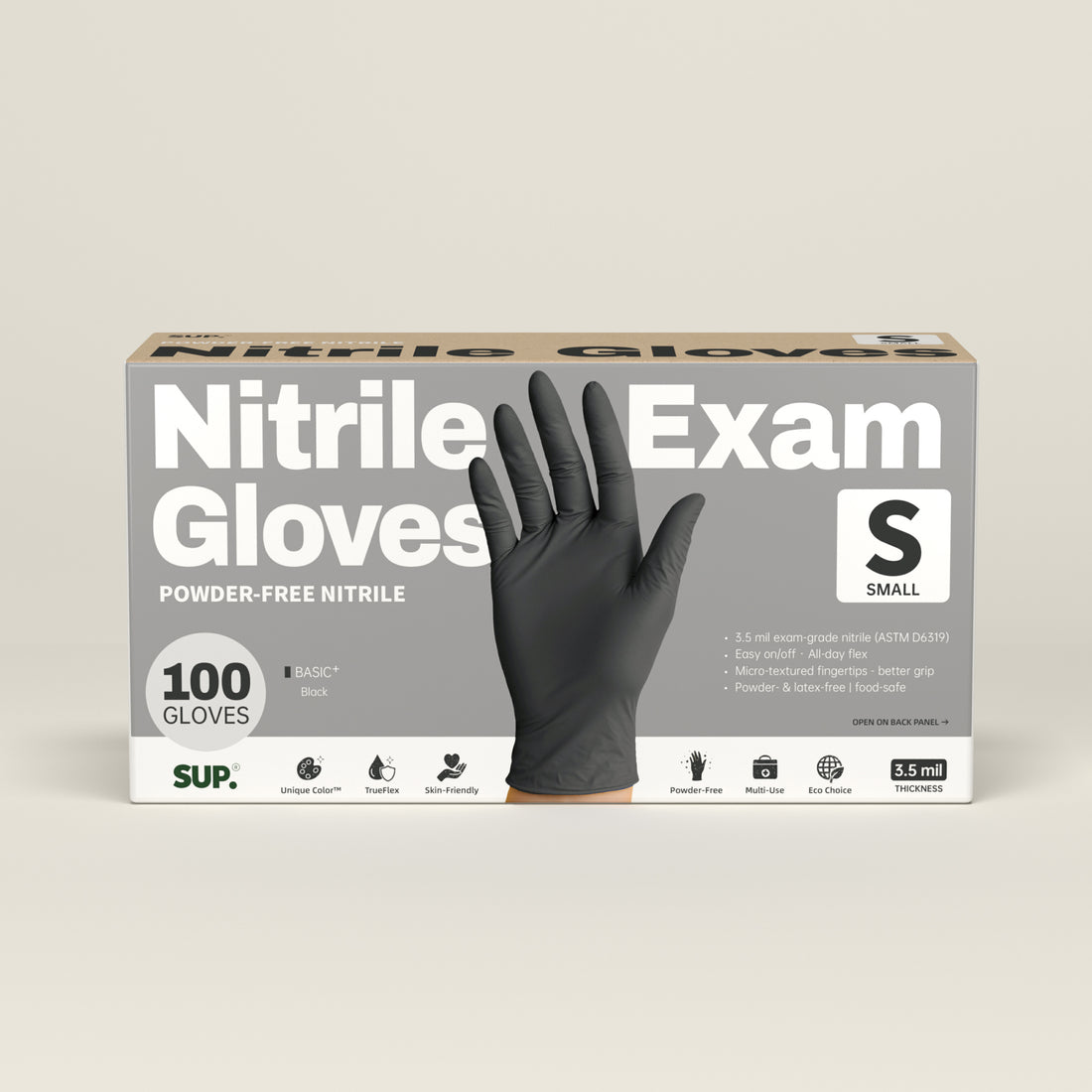 BASIC+ Nitrile Gloves, 100 Count, Powder &amp; Latex Free Medical Non-Sterile Disposable Glove, Black
