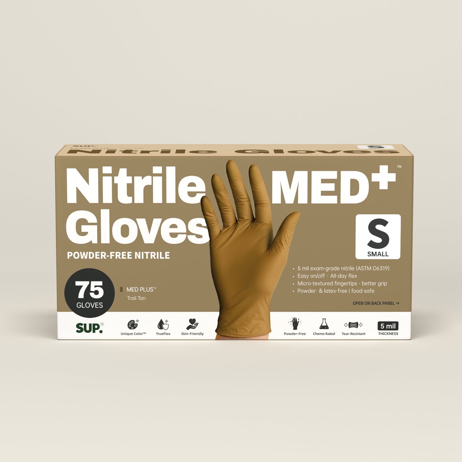 SUP Disposable Nitrile Gloves, 100 Count, Tan