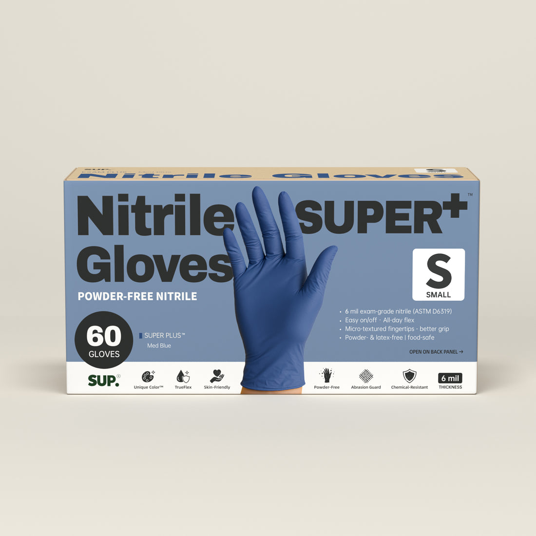 SUPER+ Nitrile Gloves HEAVY DUTY 6 Mil Disposable Powder &amp; Latex Free Medical For Multi-use Household Home Cleaning Cooking Gardening 60 Ct Med Blue