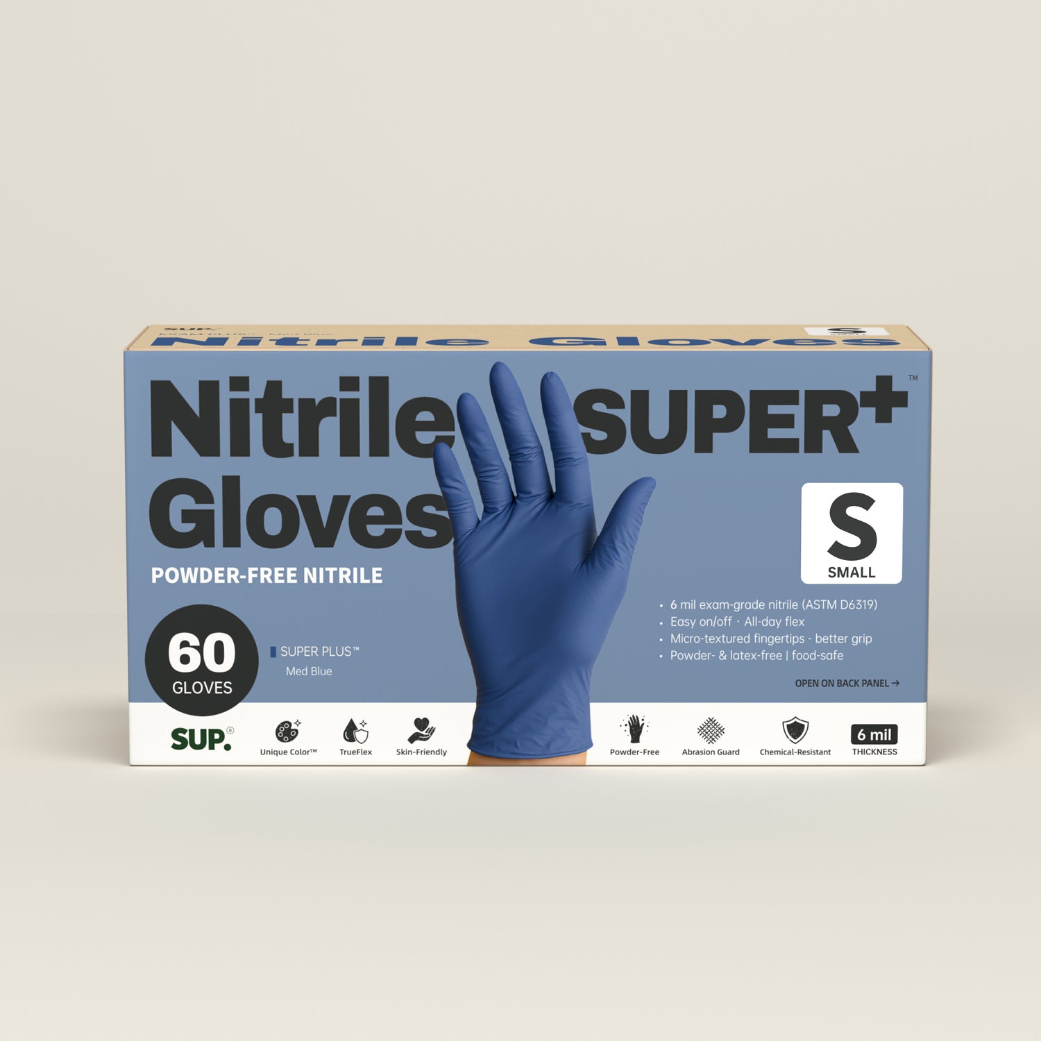 SUPER+ Nitrile Gloves HEAVY DUTY 6 Mil Disposable Powder &amp; Latex Free Medical For Multi-use Household Home Cleaning Cooking Gardening 60 Ct Med Blue