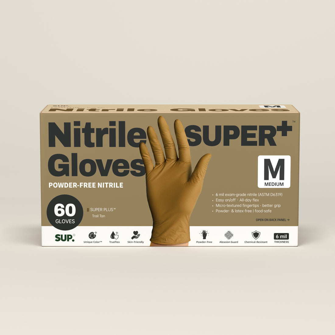SUPER+ Nitrile Gloves HEAVY DUTY 6 Mil Disposable Powder &amp; Latex Free Medical For Multi-use Household Home Cleaning Cooking Gardening 60 Ct Tan