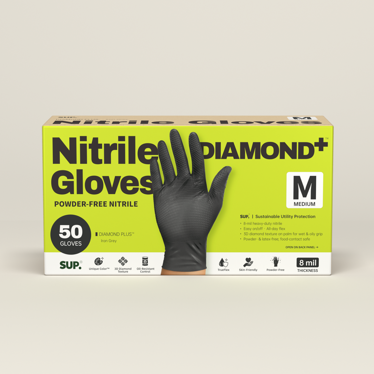 SUPER+ HEAVY DUTY Nitrile Gloves 8 Mil Diamond Texture Disposable Chemical Resistant Powder &amp;Latex Free Food Safe Black 50 Ct