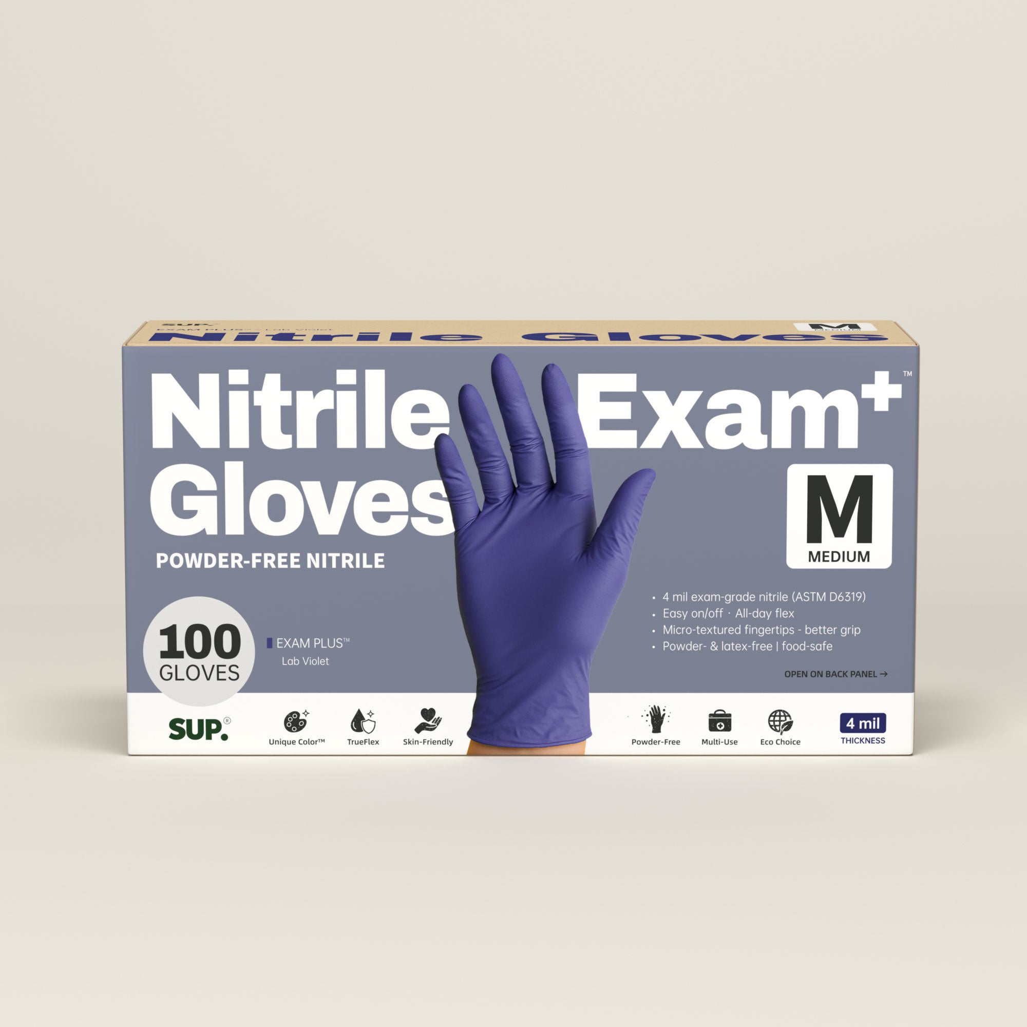 SUP Nitrile Gloves, 100 Count, Powder &amp; Latex Free Medical Non-Sterile Disposable Glove, Blue Violet