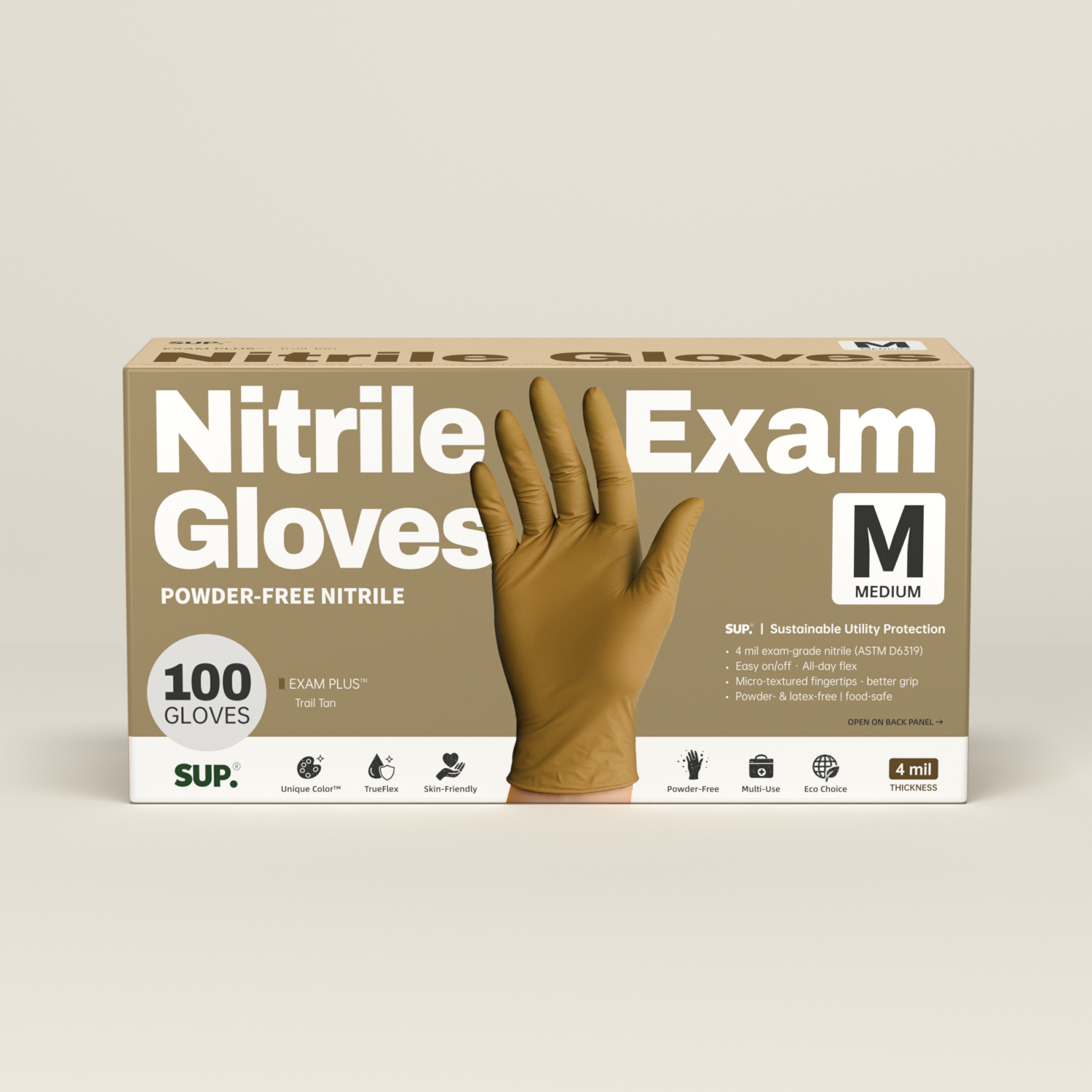 SUP Powder-Free Nitrile Gloves, 100 Count, Food Safe Latex-Free Medical Non-Sterile Cooking Disposable Glove, Tan