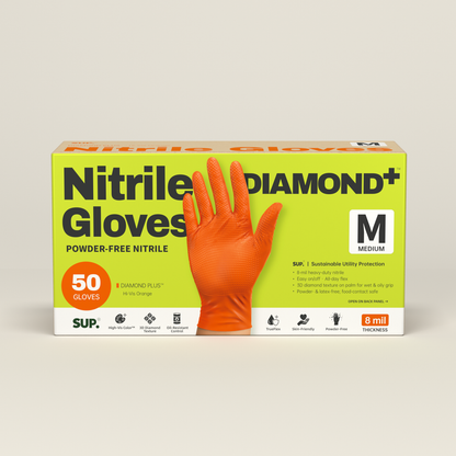 SUPER+ HEAVY DUTY Nitrile Gloves 8 Mil Diamond Texture Disposable Chemical Resistant Powder &amp;Latex Free Food Safe Orange 50Ct