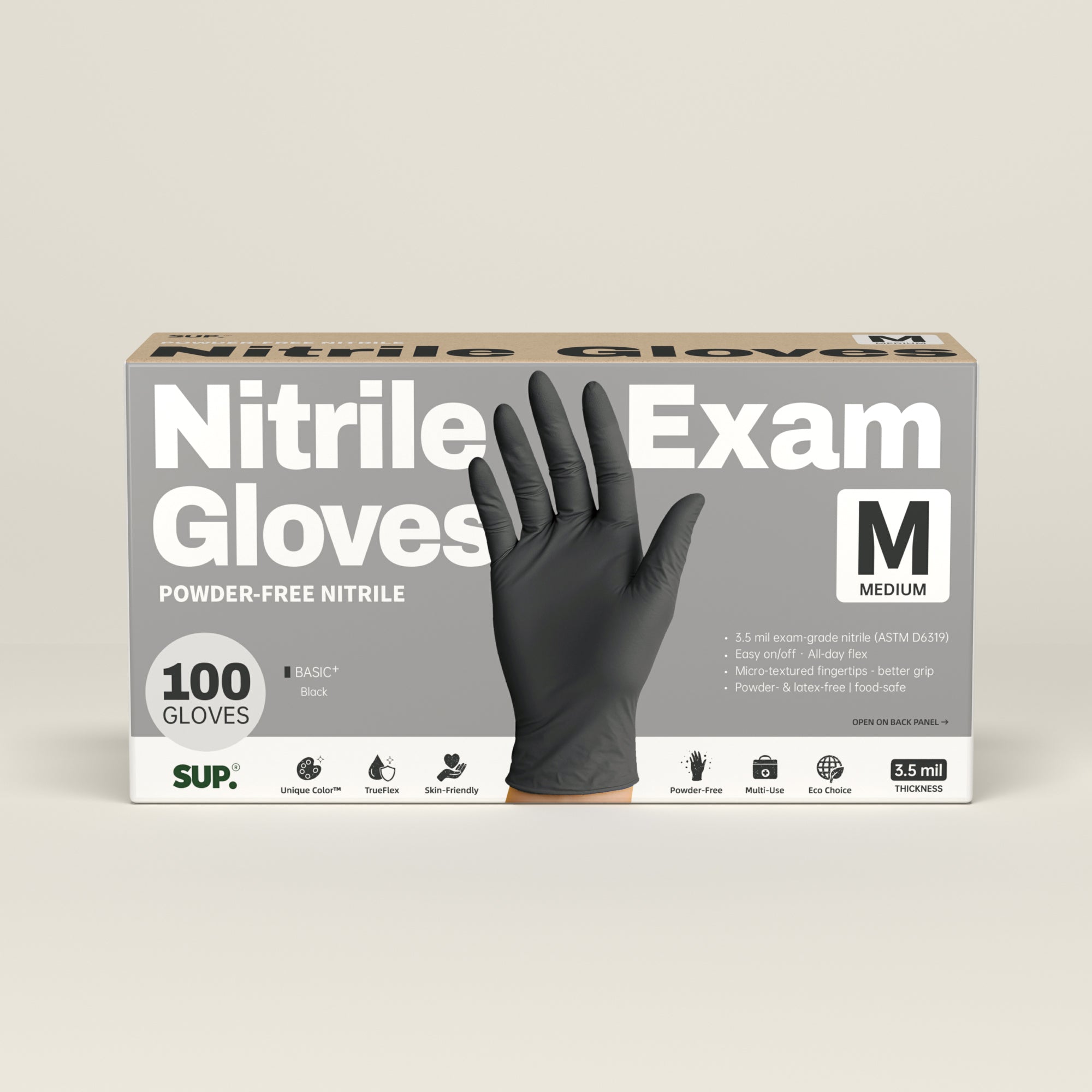 BASIC+ Nitrile Gloves, 100 Count, Powder &amp; Latex Free Medical Non-Sterile Disposable Glove, Black