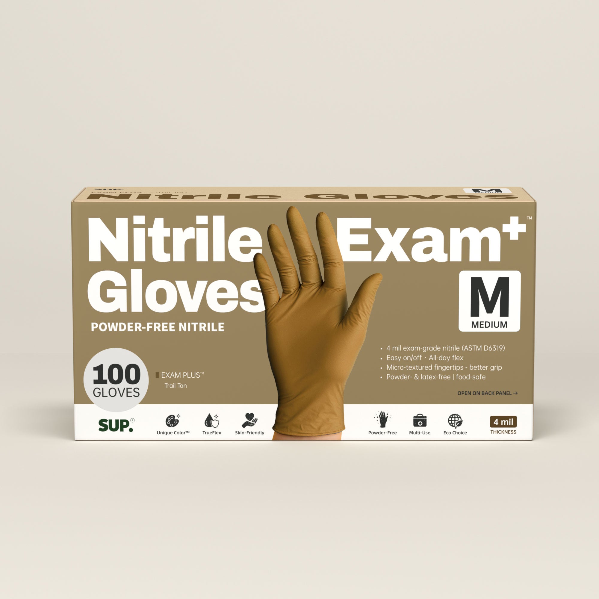 SUP Nitrile Gloves, 100 Count, Powder &amp; Latex Free Medical Non-Sterile Disposable Glove, Tan
