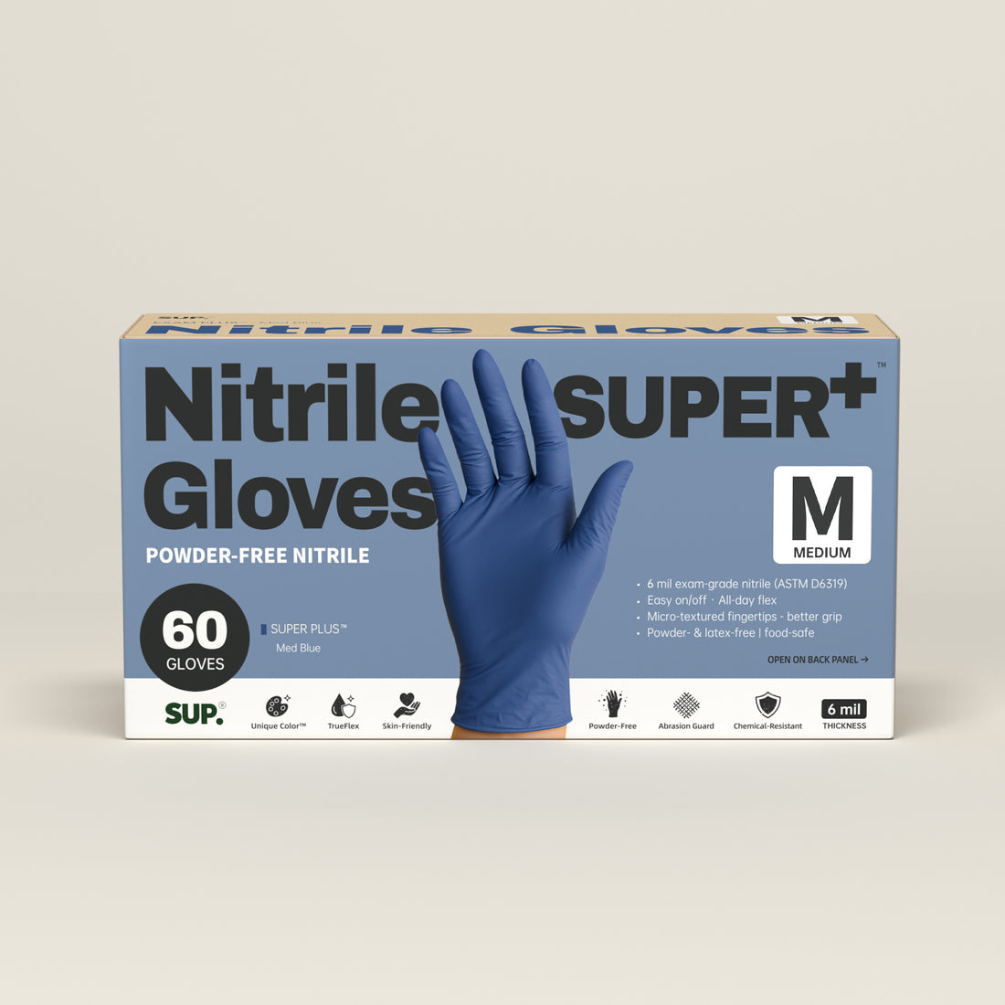 SUPER+ Nitrile Gloves HEAVY DUTY 6 Mil Disposable Powder &amp; Latex Free Medical For Multi-use Household Home Cleaning Cooking Gardening 60 Ct Med Blue