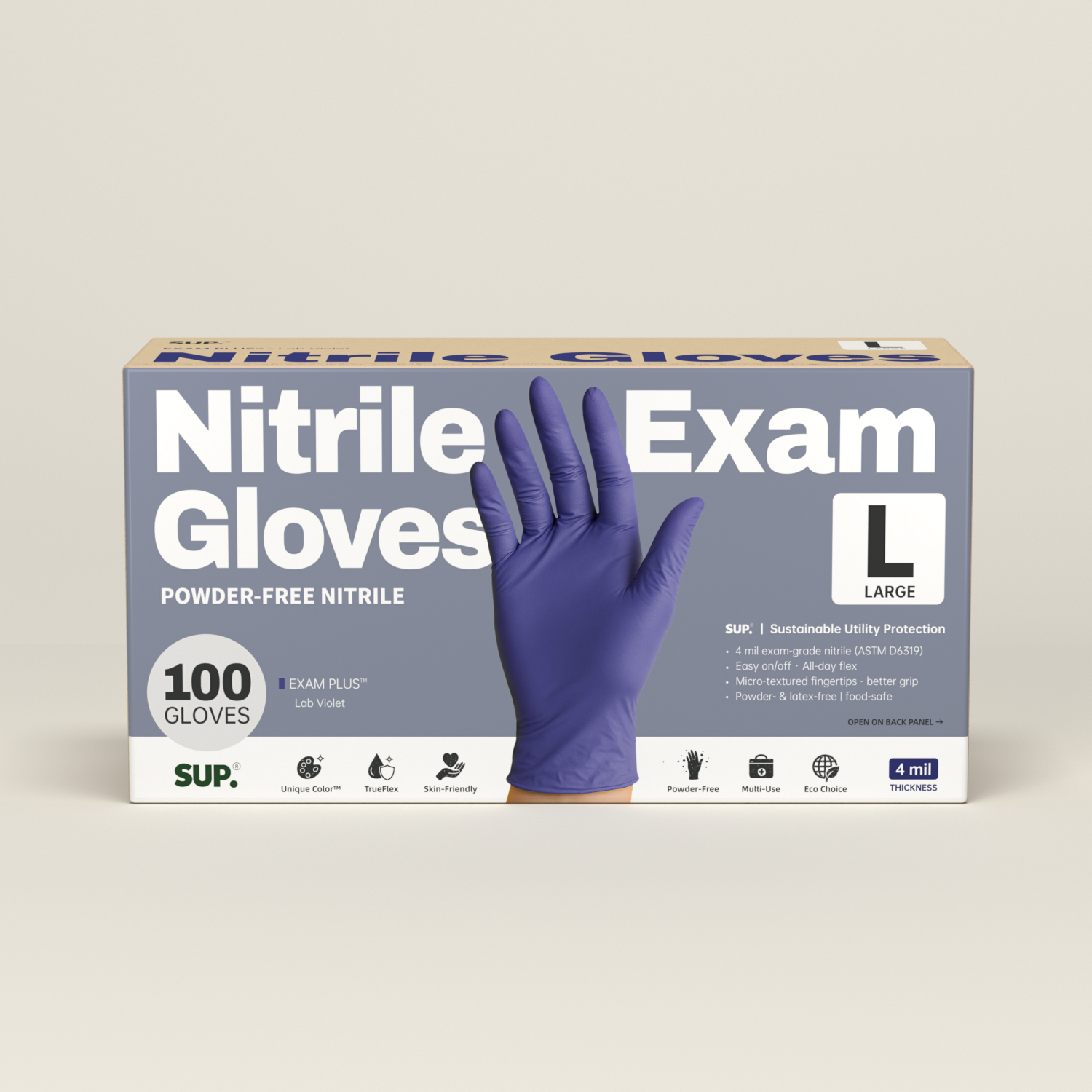 SUP Powder-Free Nitrile Gloves, 100 Count, Food Safe Latex-Free Medical Non-Sterile Cooking Disposable Glove, Blue Violet