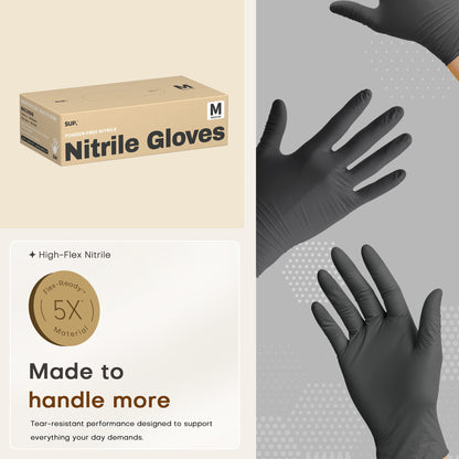 BASIC+ Nitrile Gloves, 100 Count, Powder &amp; Latex Free Medical Non-Sterile Disposable Glove, Black