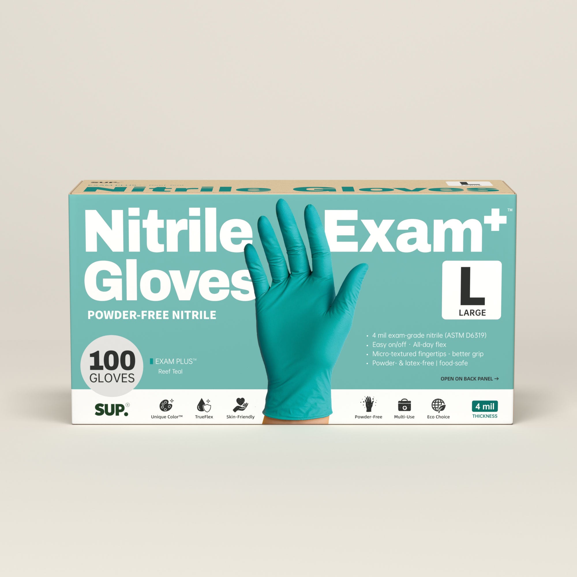 SUP Nitrile Gloves, 100 Count, Powder &amp; Latex Free Medical Non-Sterile Disposable Glove, Teal