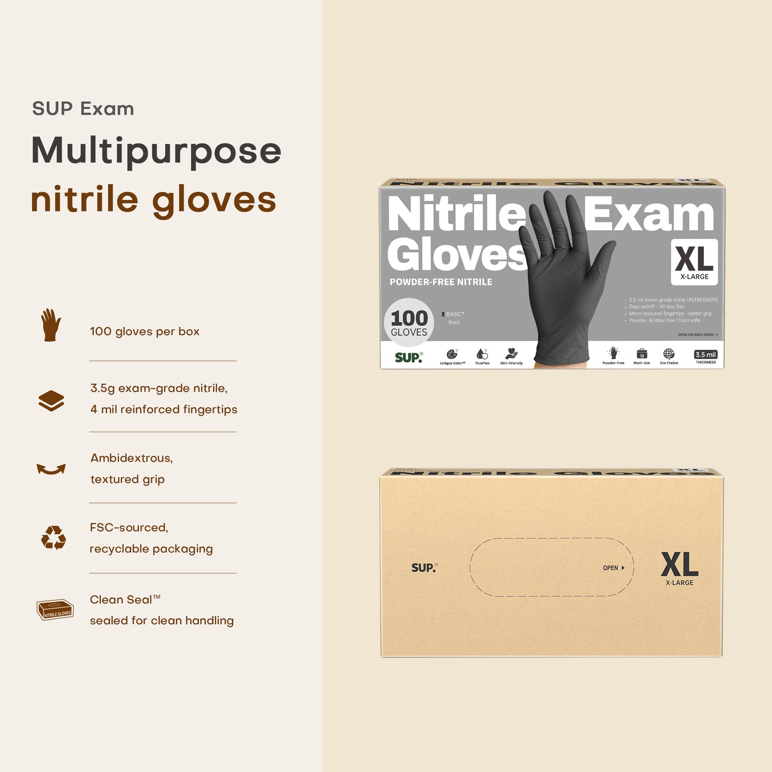 BASIC+ Nitrile Gloves, 100 Count, Powder &amp; Latex Free Medical Non-Sterile Disposable Glove, Black