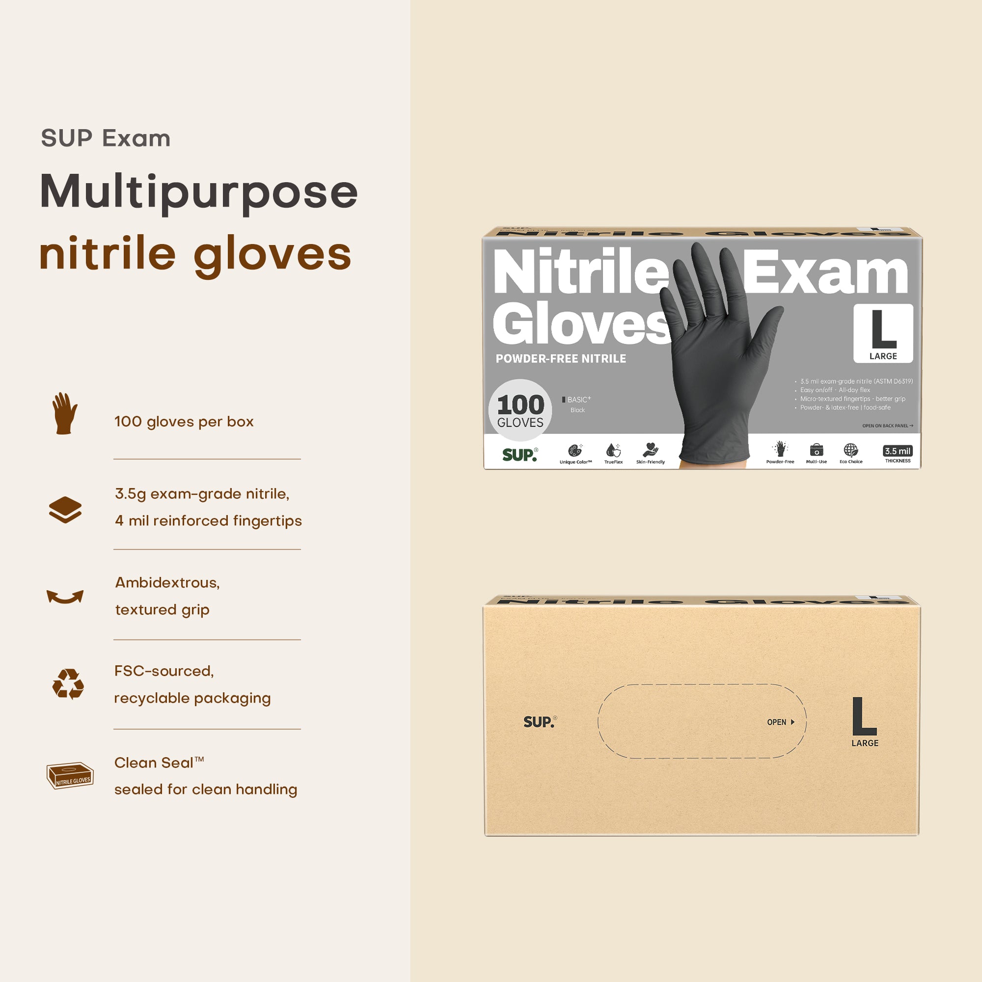BASIC+ Nitrile Gloves, 100 Count, Powder &amp; Latex Free Medical Non-Sterile Disposable Glove, Black