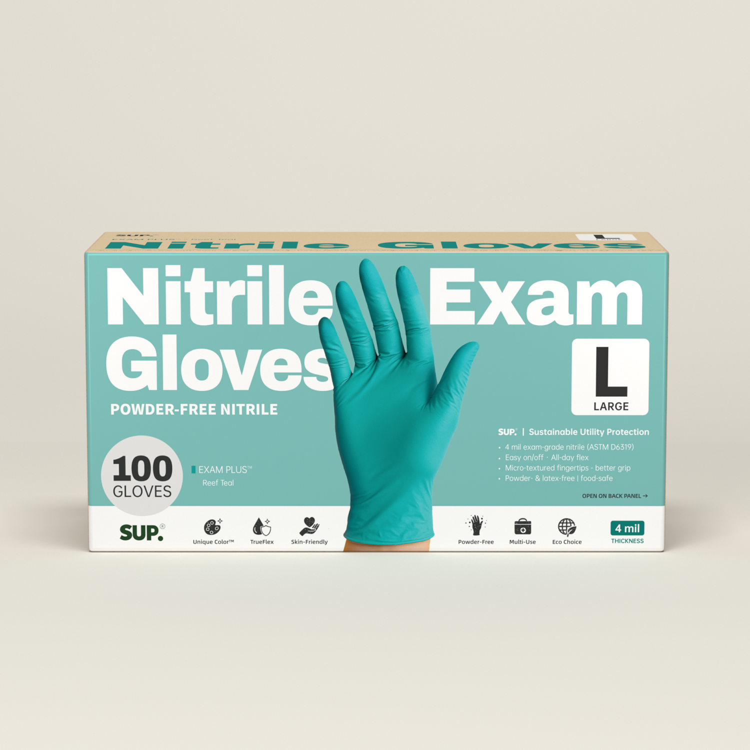 SUP Powder-Free Nitrile Gloves, 100 Count, Food Safe Latex-Free Medical Non-Sterile Cooking Disposable Glove, Teal