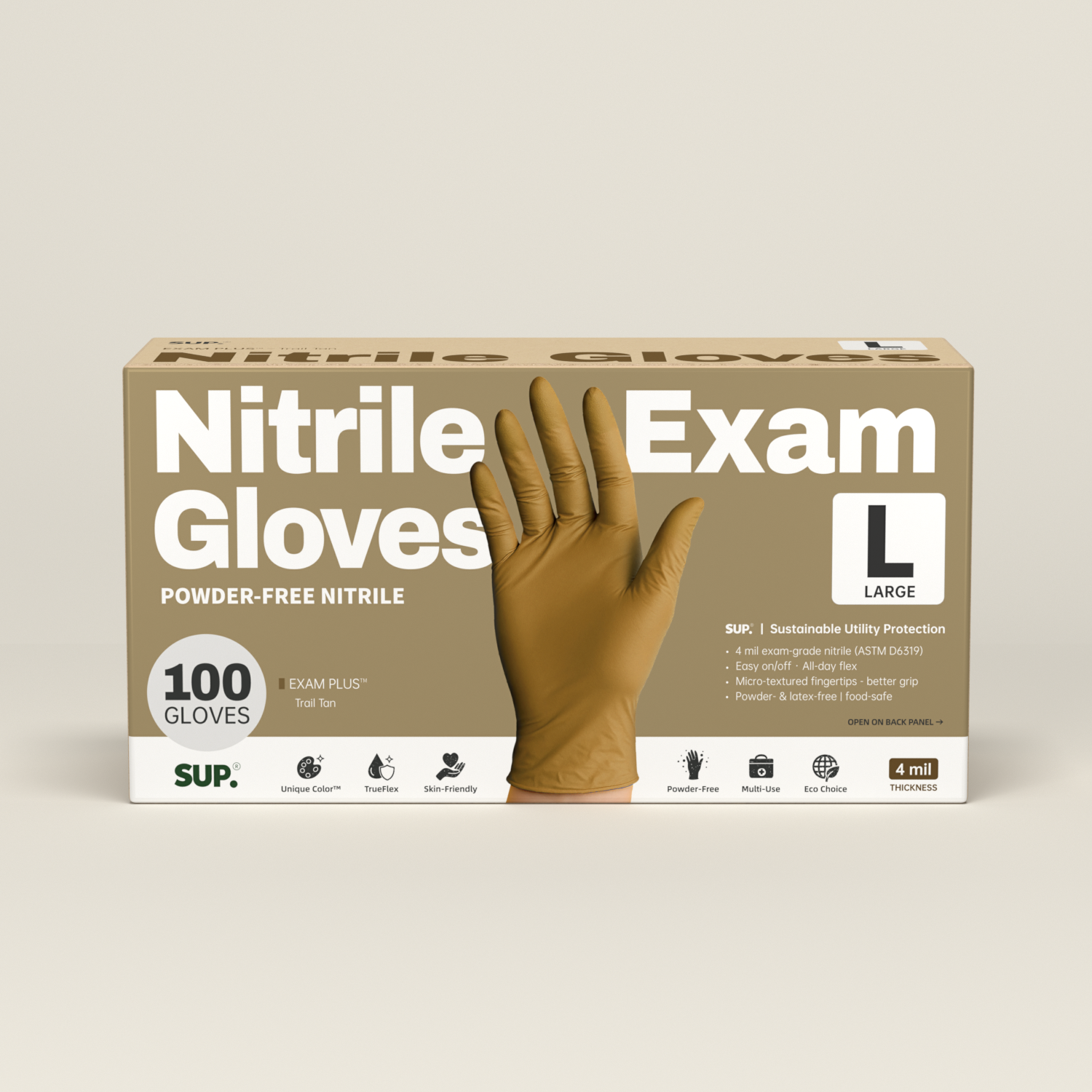 SUP Powder-Free Nitrile Gloves, 100 Count, Food Safe Latex-Free Medical Non-Sterile Cooking Disposable Glove, Tan