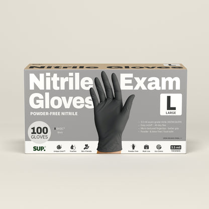 BASIC+ Nitrile Gloves, 100 Count, Powder &amp; Latex Free Medical Non-Sterile Disposable Glove, Black